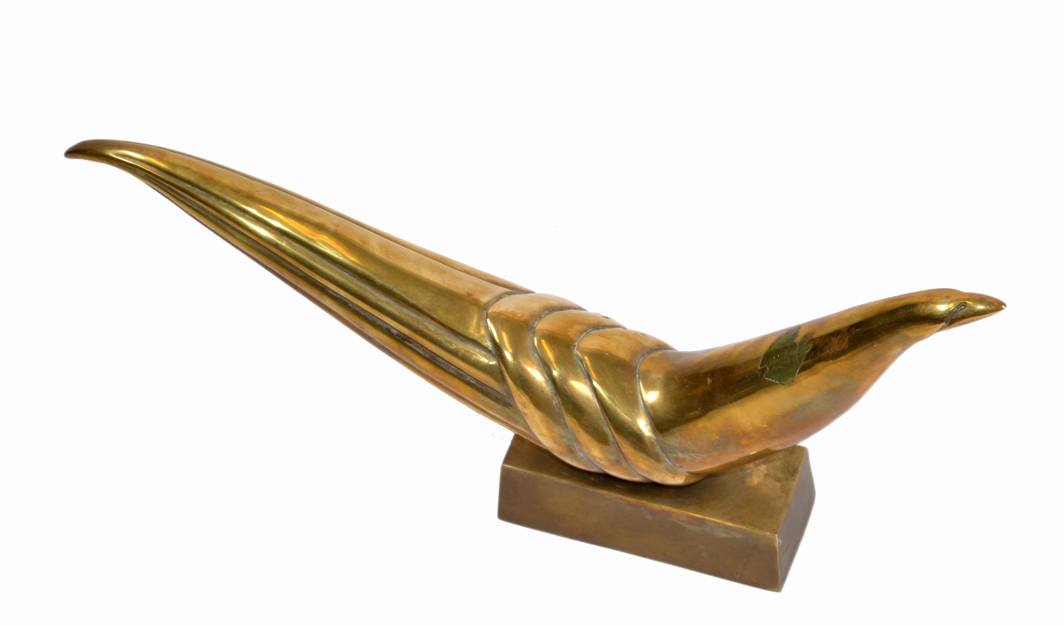 Abstract Mid-Century Modern Patinated Brass Bird on Bronze Base In Good Condition In Miami, FL