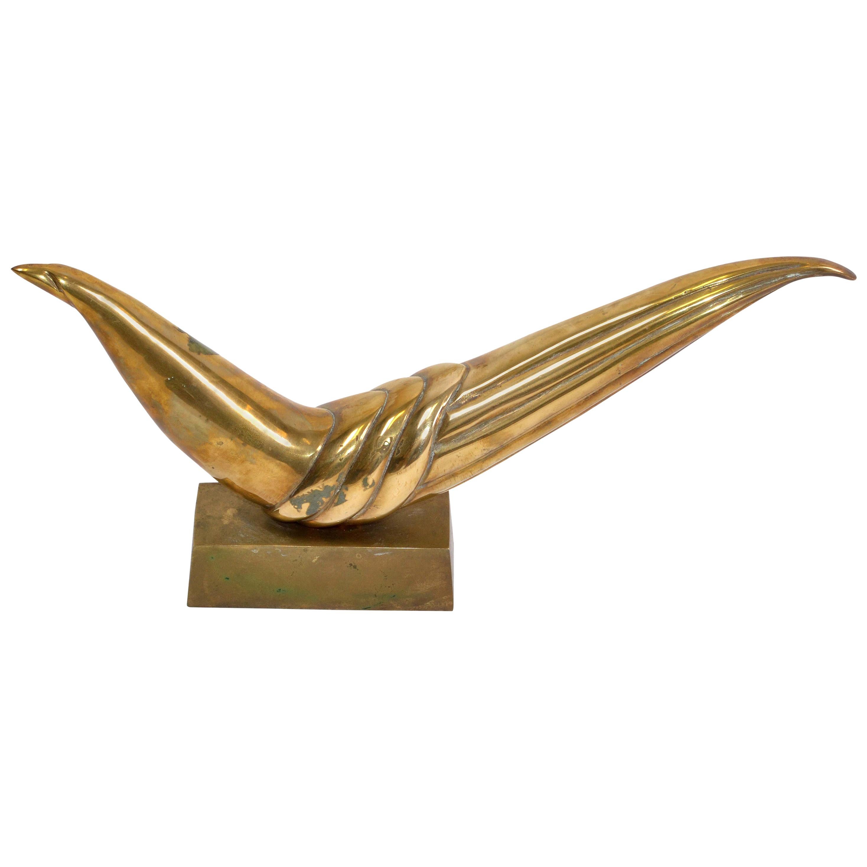 Oiseau abstrait en laiton patiné du mi-siècle moderne sur socle en bronze