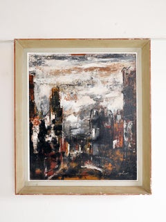 Peinture à l'huile abstraite sur panneau - Scène industrielle du milieu du siècle dernier de F. David Taggart