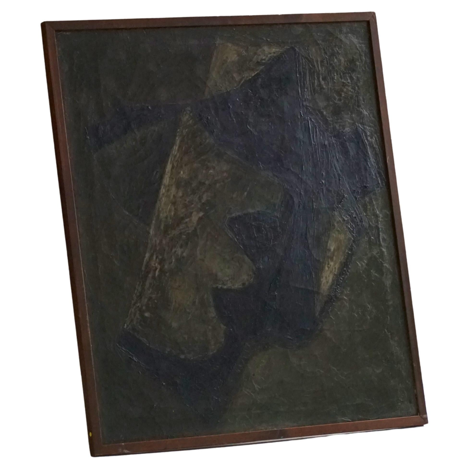 Abstract Mid Century Oil Pastel Painting, Danish Artist, Patinated Wood Frame