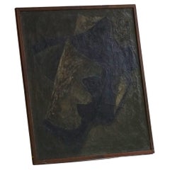Abstract Mid Century Oil Pastel Painting, Danish Artist, Patinated Wood Frame