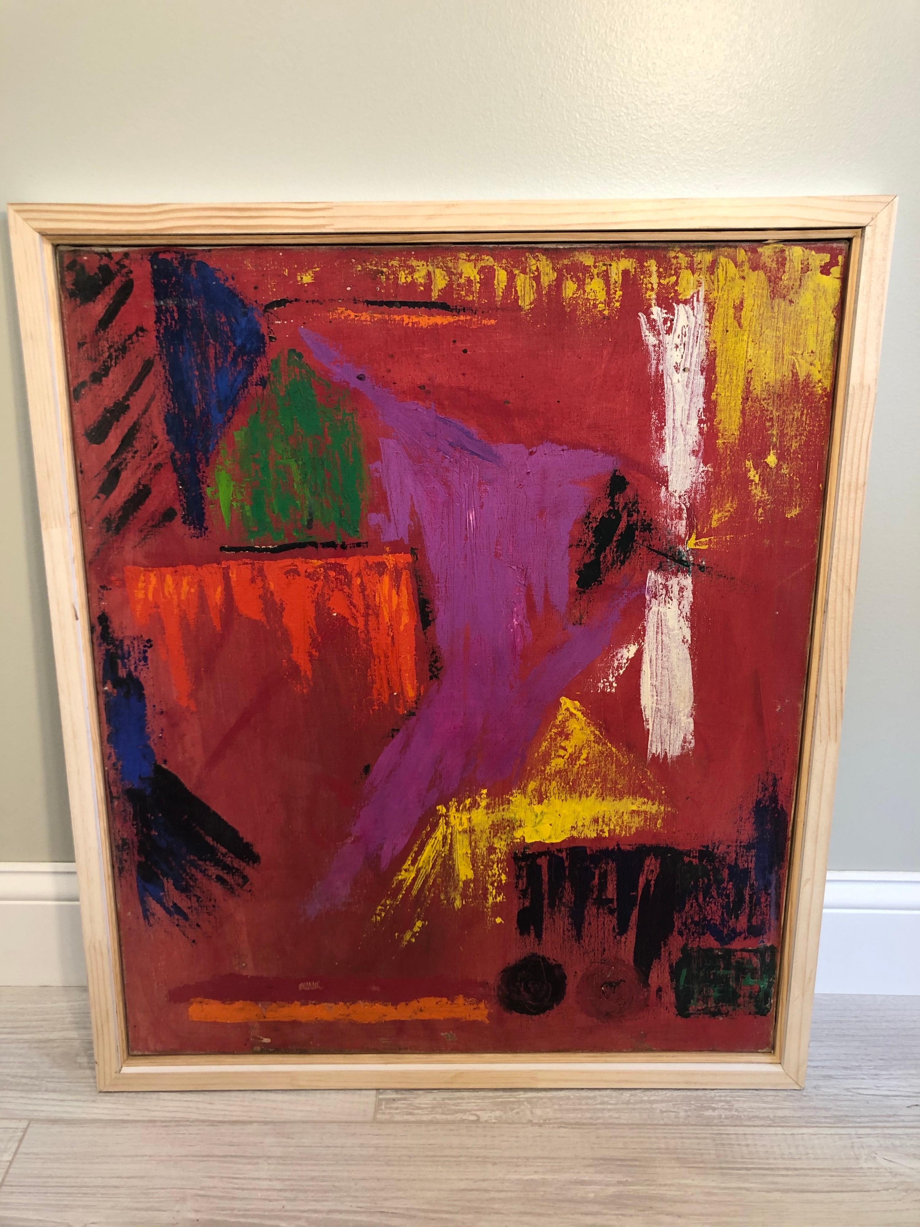 Abstract Mid Century on Canvas. This custom frame has been painted white since being photographed. Nice bright colors make up this abstract modern composition. Possibly attributed to Sheila Heifetz of Weston CT. No signature found. This can parcel