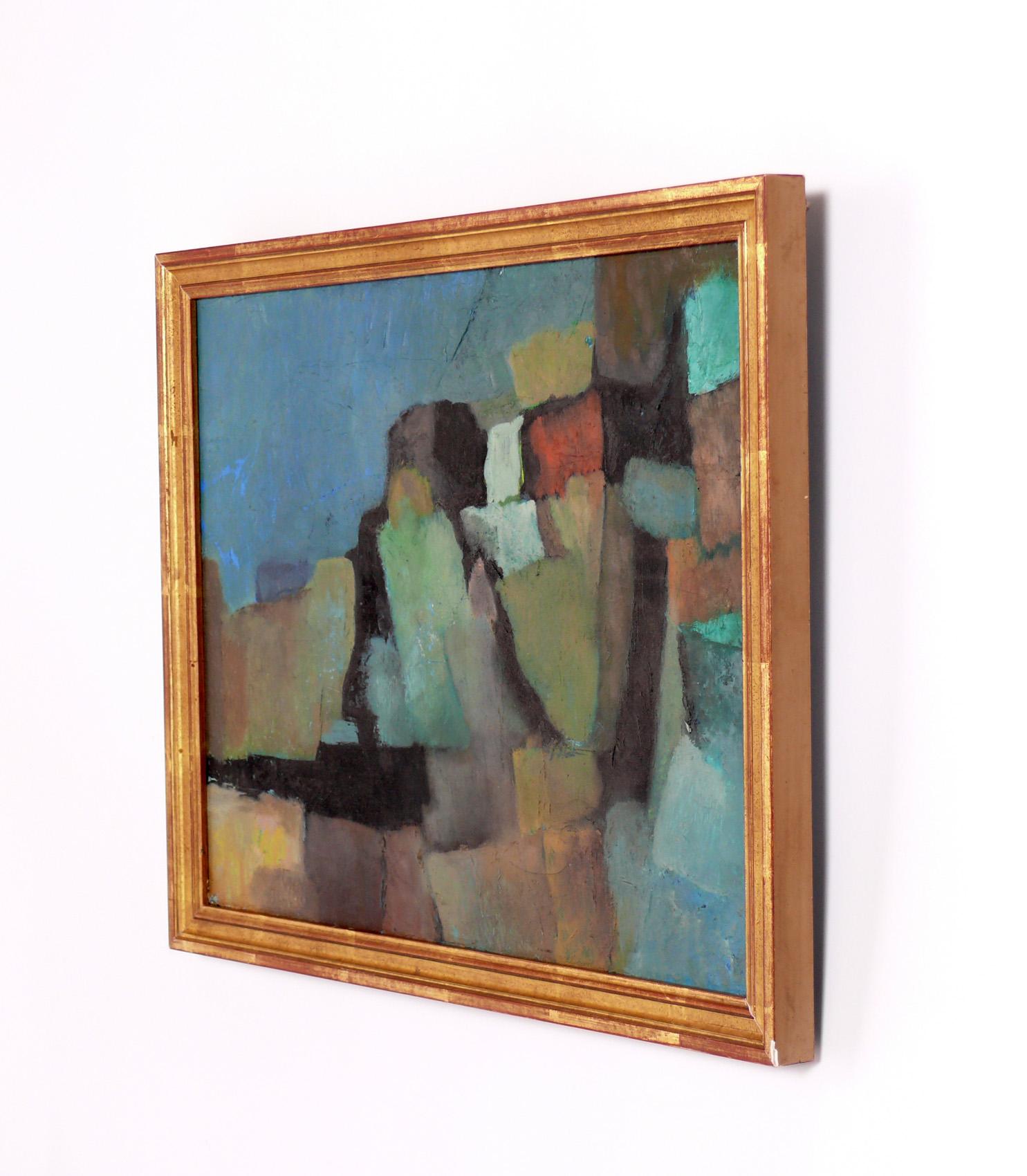 Original Abstract Mid Century Painting, artist unknown, believed to be American, circa 1960s. It has been recently professionally framed in a vintage gilt wood frame. 