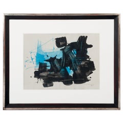 Peinture abstraite du milieu du siècle dernier en turquois-noir, signée par R. Santamaria, 1964