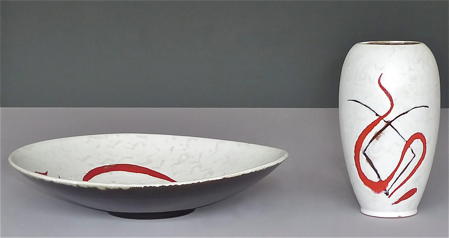Abstract Midcentury Art Ceramic Vase and Bowl Gambone Miro Style White Red 1950s For Sale 3