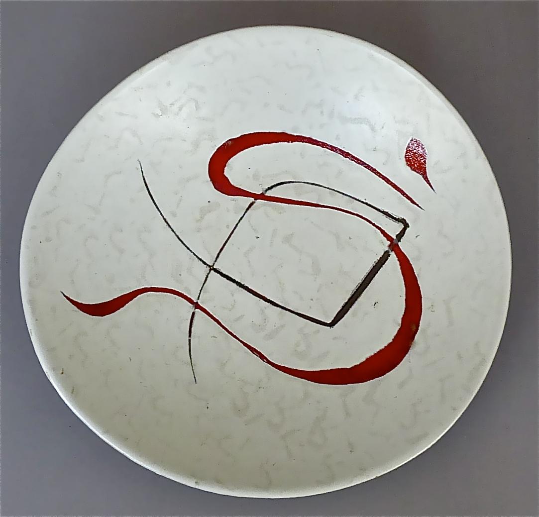 Abstract Midcentury Art Ceramic Vase and Bowl Gambone Miro Style White Red 1950s For Sale 5