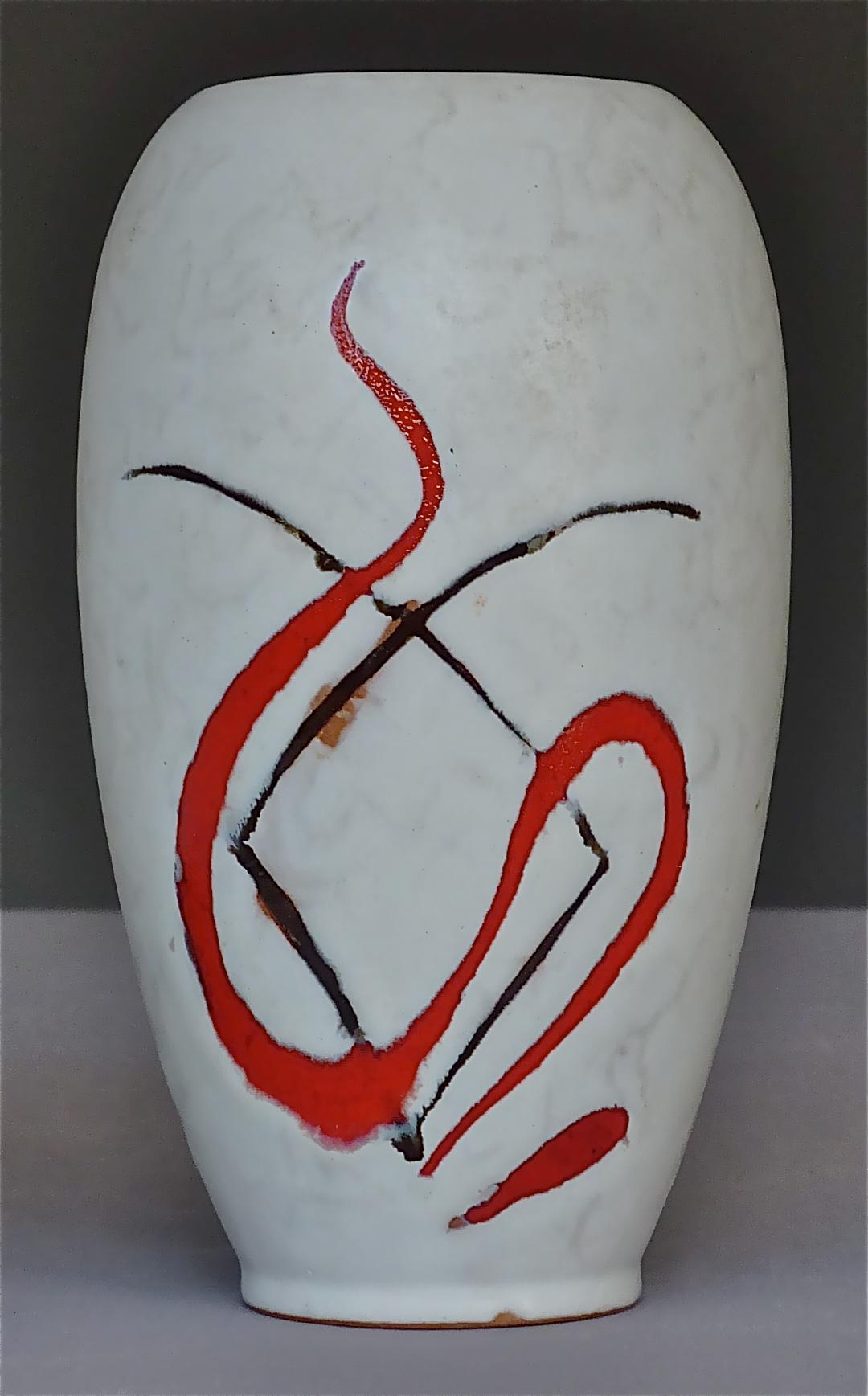 Mid-Century Modern Vase et bol en céramique d'art abstrait du milieu du siècle dernier Style Gambone Miro Blanc Rouge 1950s en vente