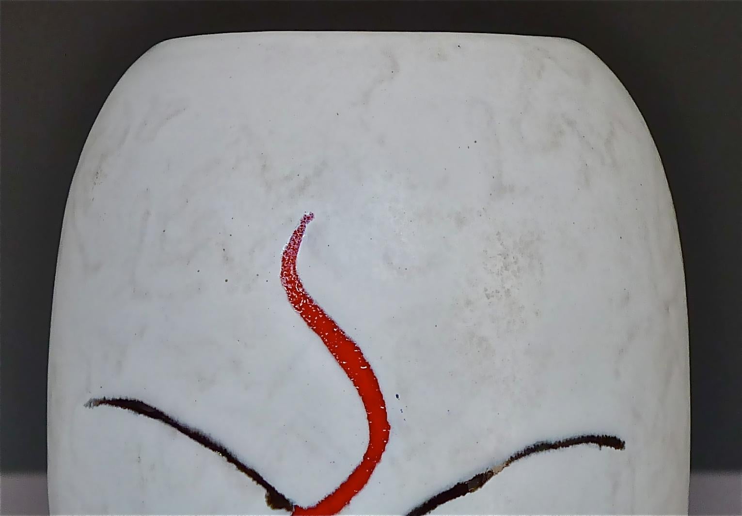 Vernissé Vase et bol en céramique d'art abstrait du milieu du siècle dernier Style Gambone Miro Blanc Rouge 1950s en vente
