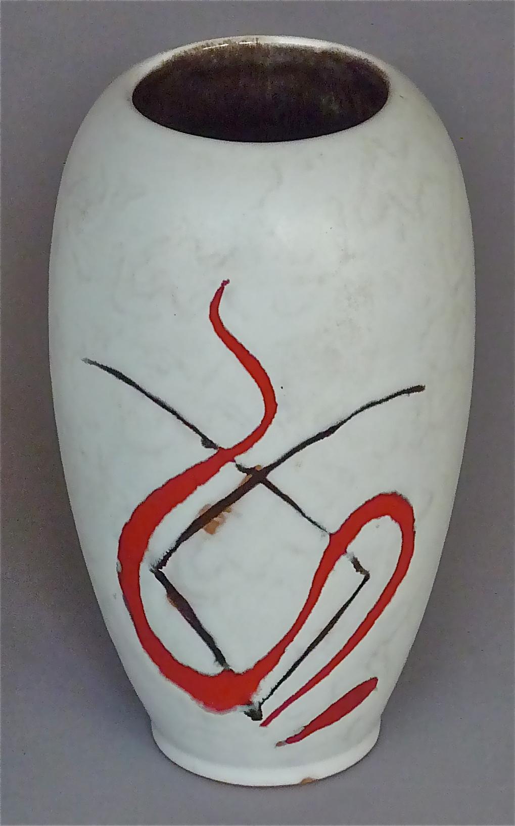 Mid-20th Century Abstract Midcentury Art Ceramic Vase and Bowl Gambone Miro Style White Red 1950s For Sale