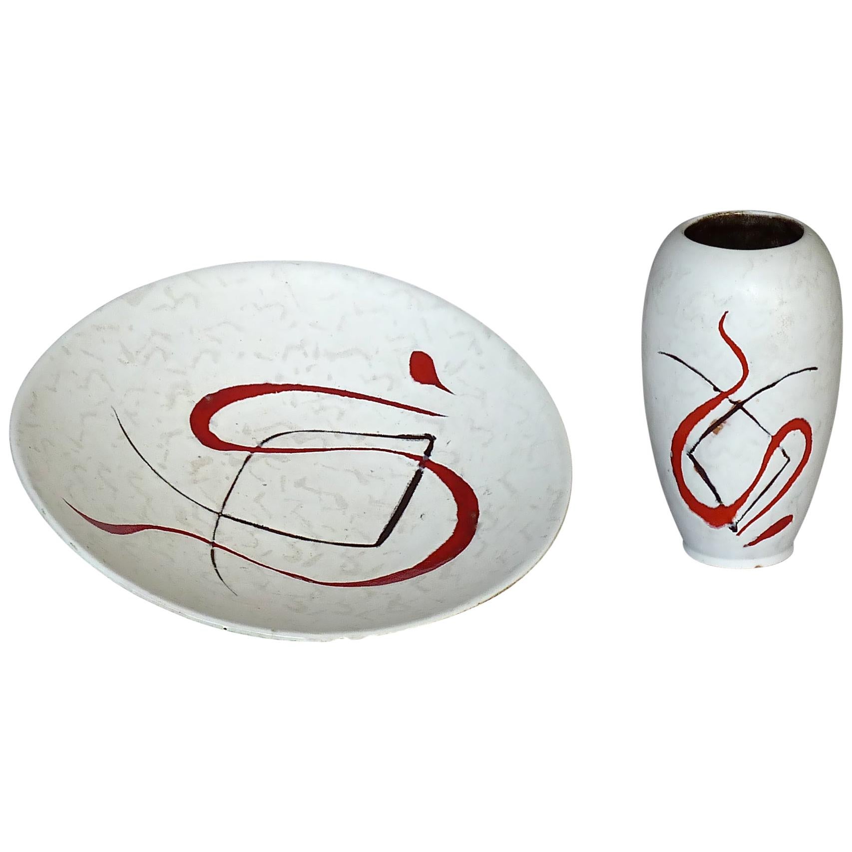 Abstract Midcentury Art Ceramic Vase and Bowl Gambone Miro Style White Red 1950s For Sale