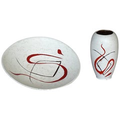 Abstract Midcentury Art Ceramic Vase and Bowl Gambone Miro Style White Red 1950s