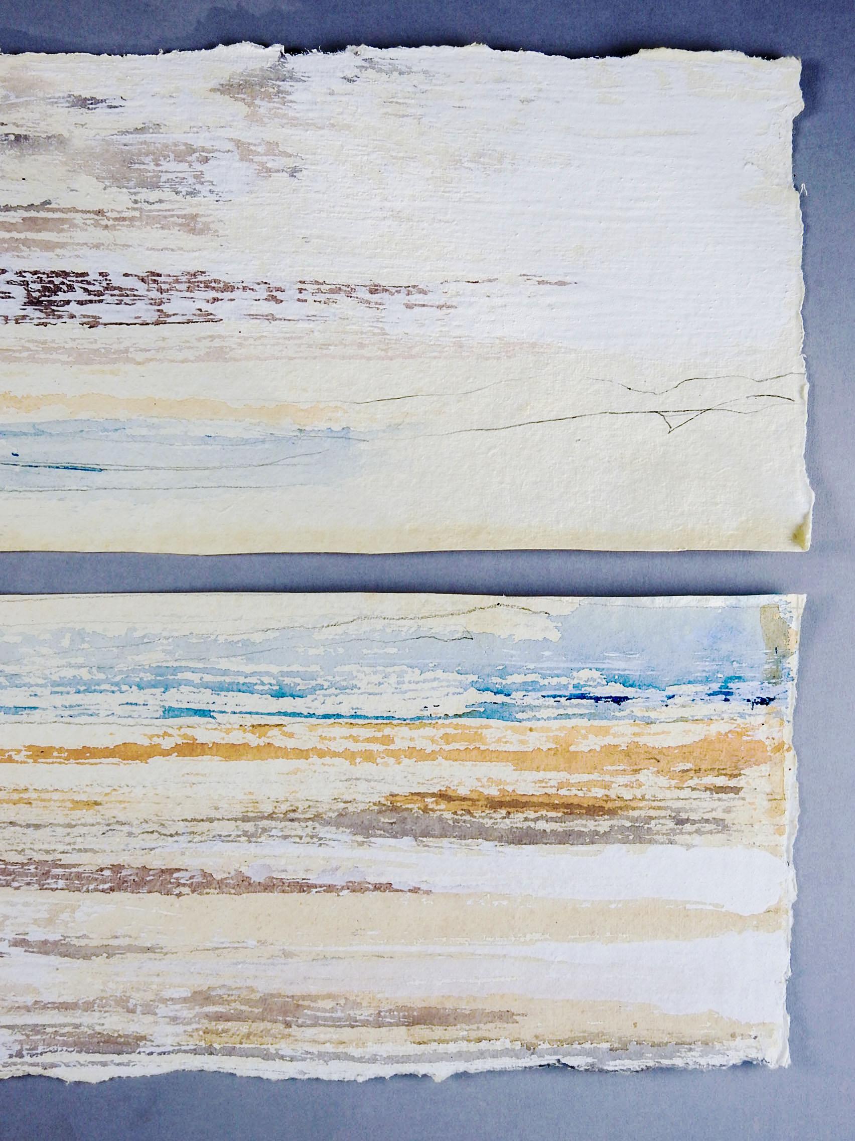 Long-format abstract in soft neutrals diptych by George Turner (1943-2014) using gouache and watercolor on heavy watercolor paper. Unframed. Unsigned, artist stamp on verso, from the artist's estate. Each piece is 30