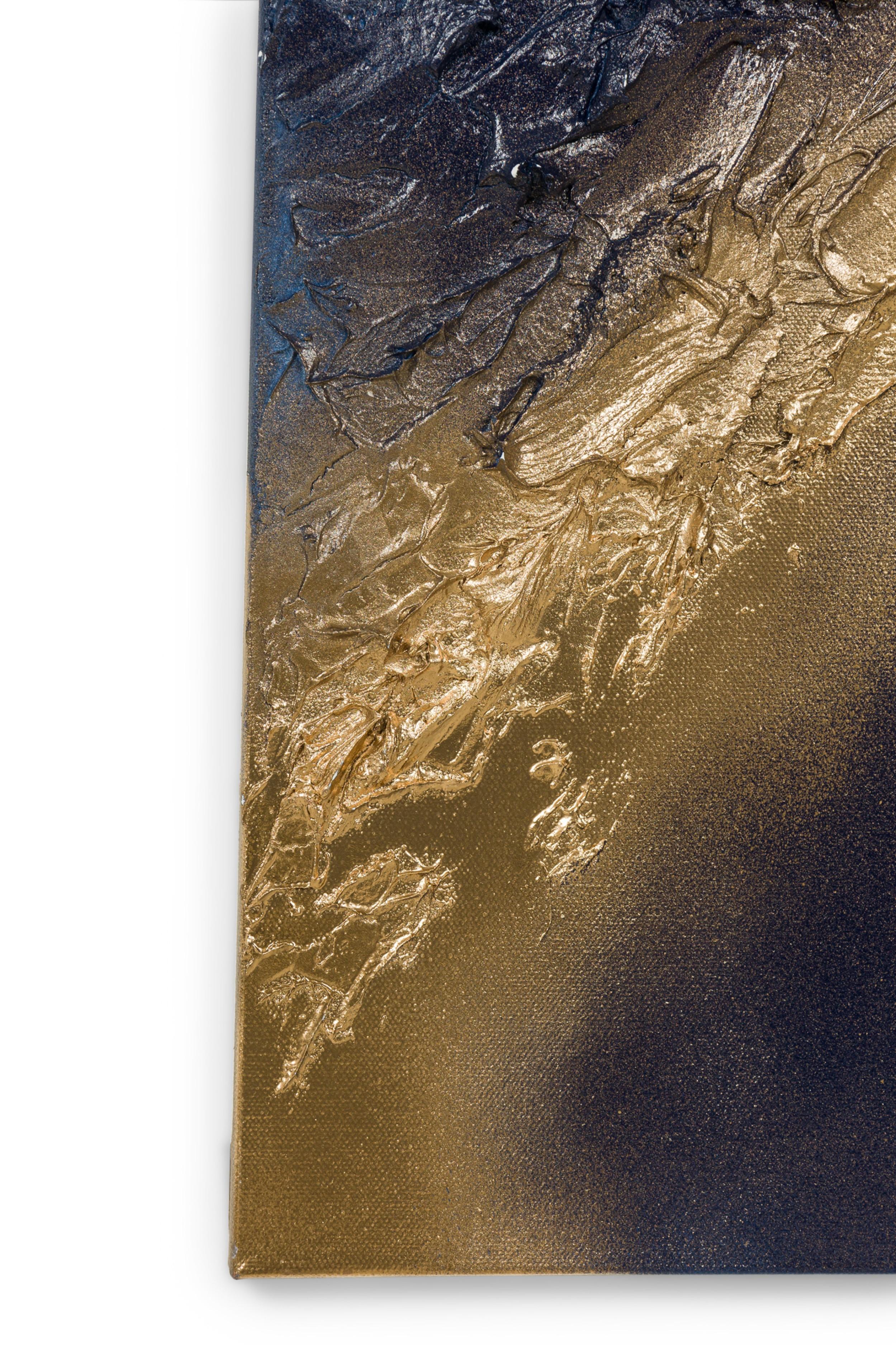 Abstraktes Diptychon in Mischtechnik in Gold & Blau Texturierte Gemälde auf Leinwand im Angebot 2