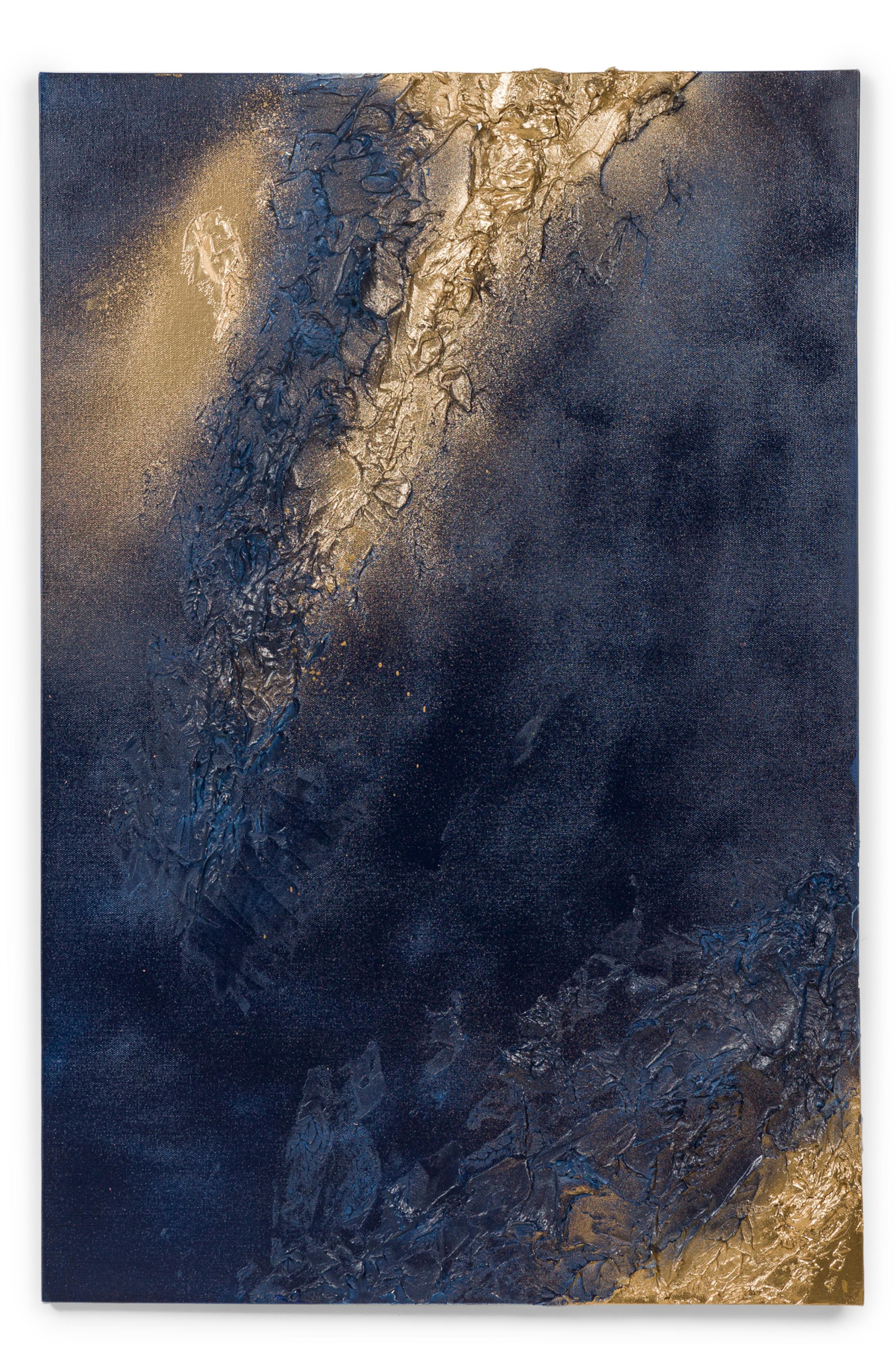 Zeitgenössisches Diptychon abstrakter Mixed-Media-Gemälde mit texturierten 3D-Formen, die in Gold hervorgehoben sind, auf blauen, rechteckigen Leinwänden. (BARBARA KISKOVSKI)

Zustand: Ausgezeichnet