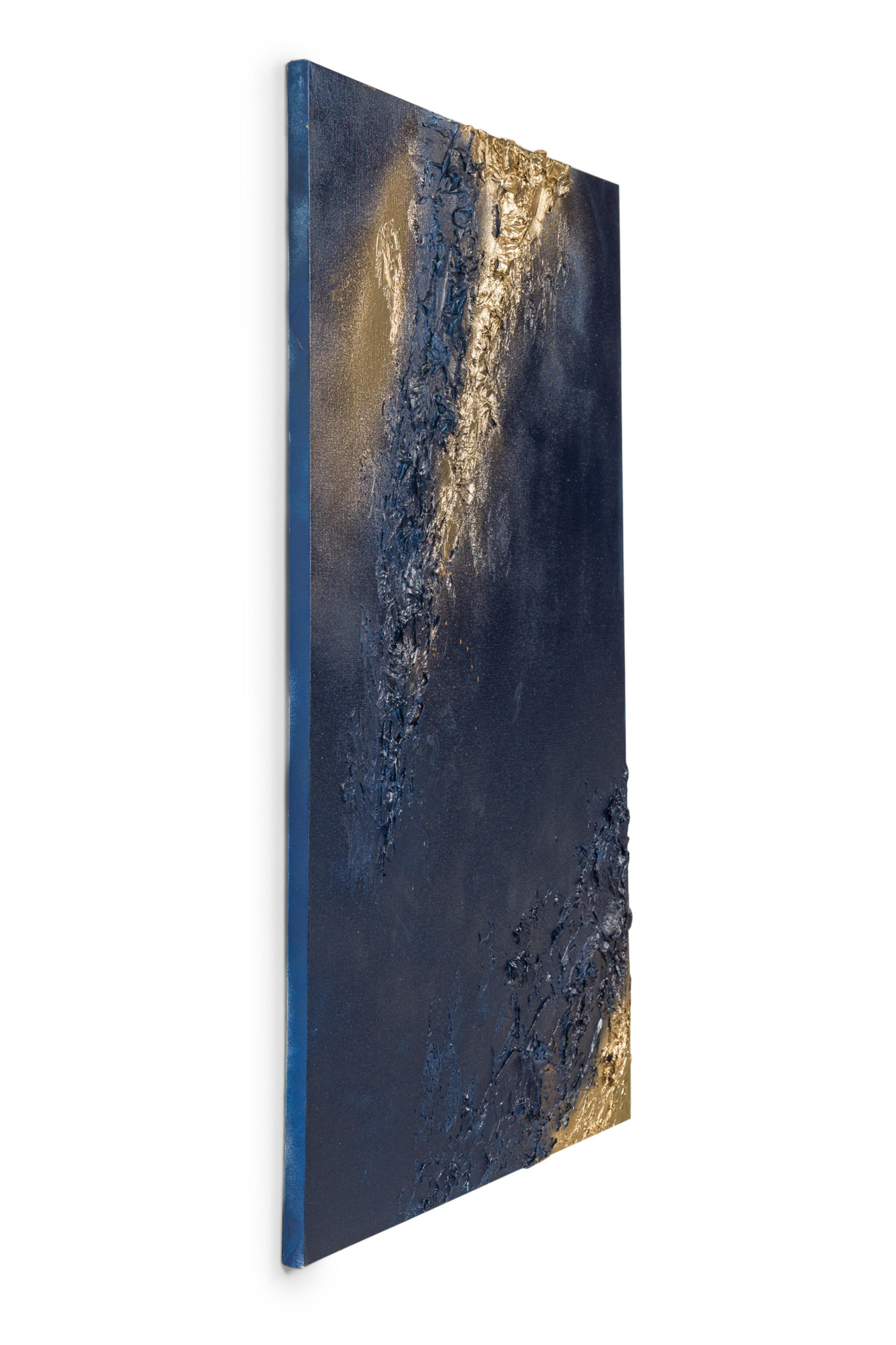 Abstraktes Diptychon in Mischtechnik in Gold & Blau Texturierte Gemälde auf Leinwand (Moderne) im Angebot