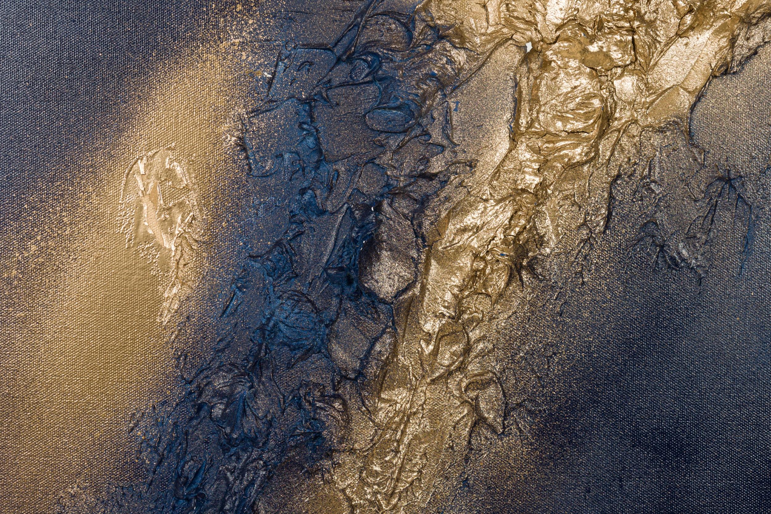 Abstraktes Diptychon in Mischtechnik in Gold & Blau Texturierte Gemälde auf Leinwand (Unbekannt) im Angebot