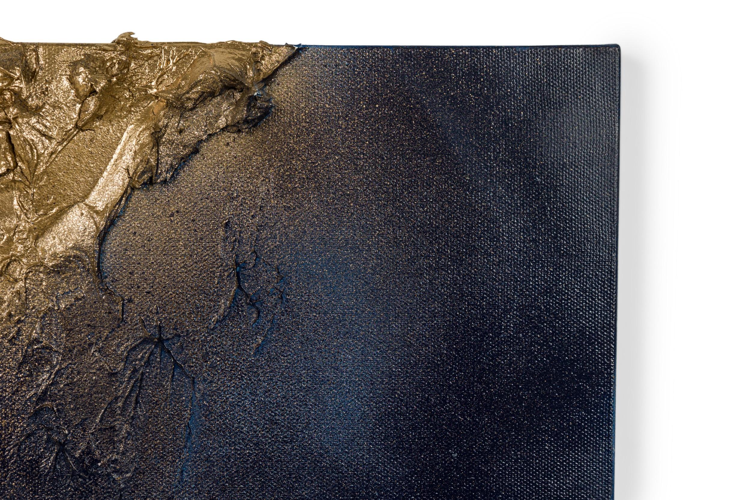 Abstraktes Diptychon in Mischtechnik in Gold & Blau Texturierte Gemälde auf Leinwand im Zustand „Hervorragend“ im Angebot in Queens, NY