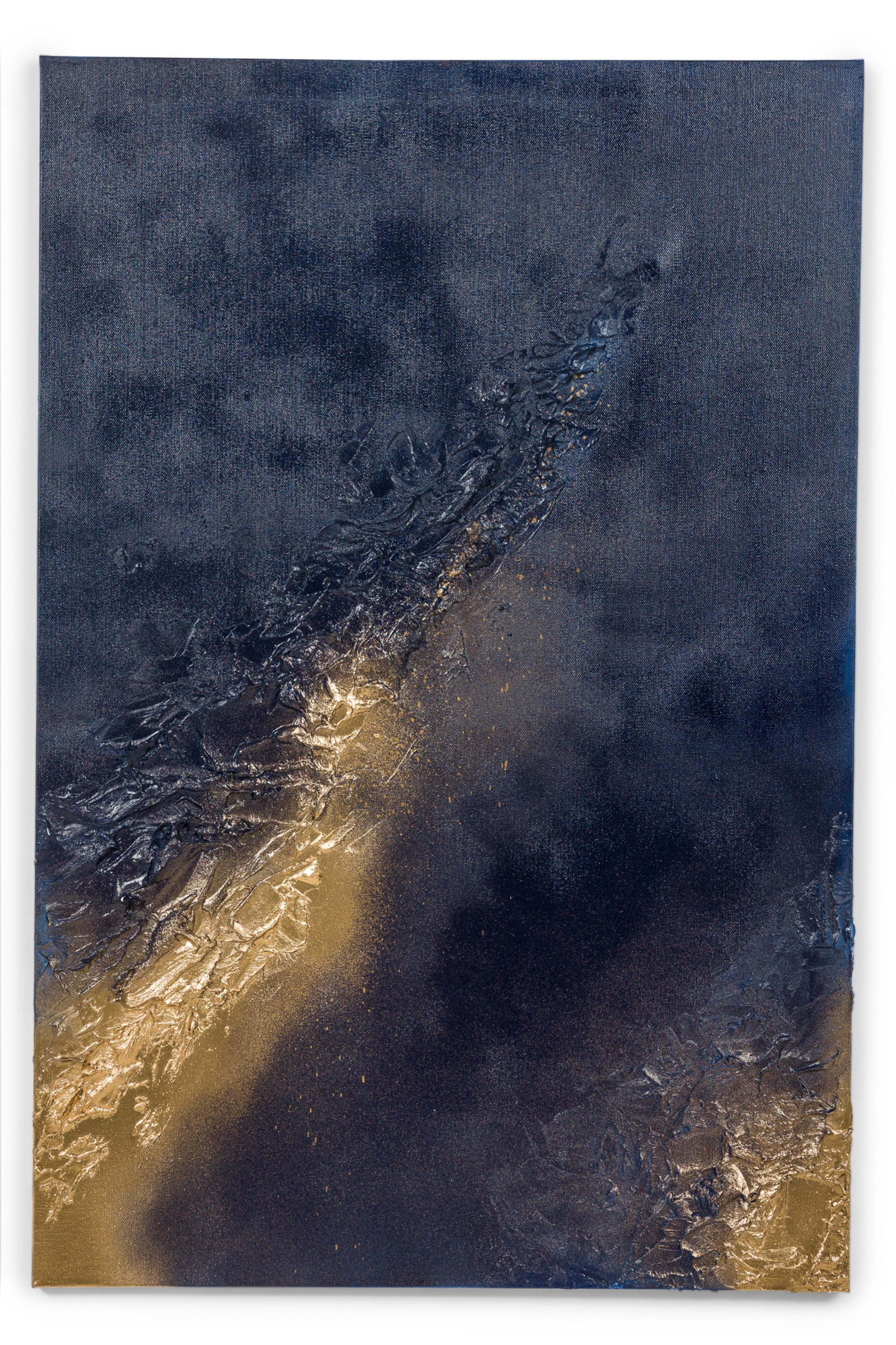 Abstraktes Diptychon in Mischtechnik in Gold & Blau Texturierte Gemälde auf Leinwand (Holz) im Angebot