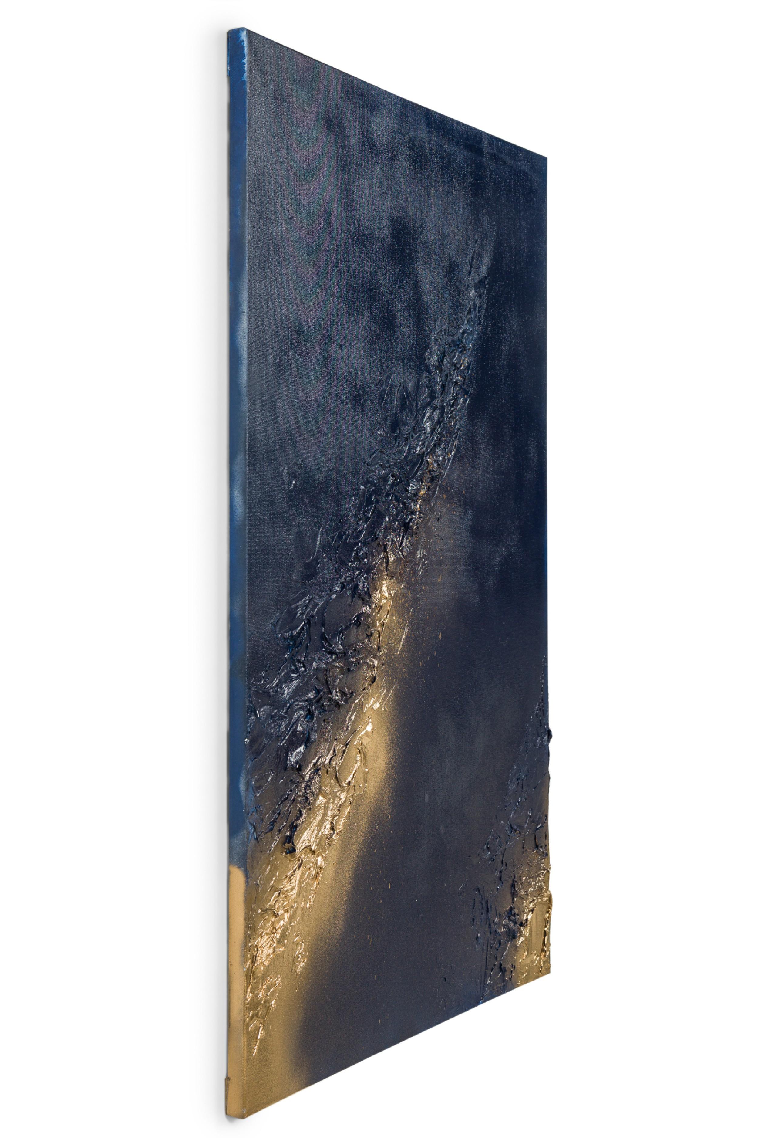 Abstraktes Diptychon in Mischtechnik in Gold & Blau Texturierte Gemälde auf Leinwand im Angebot 1