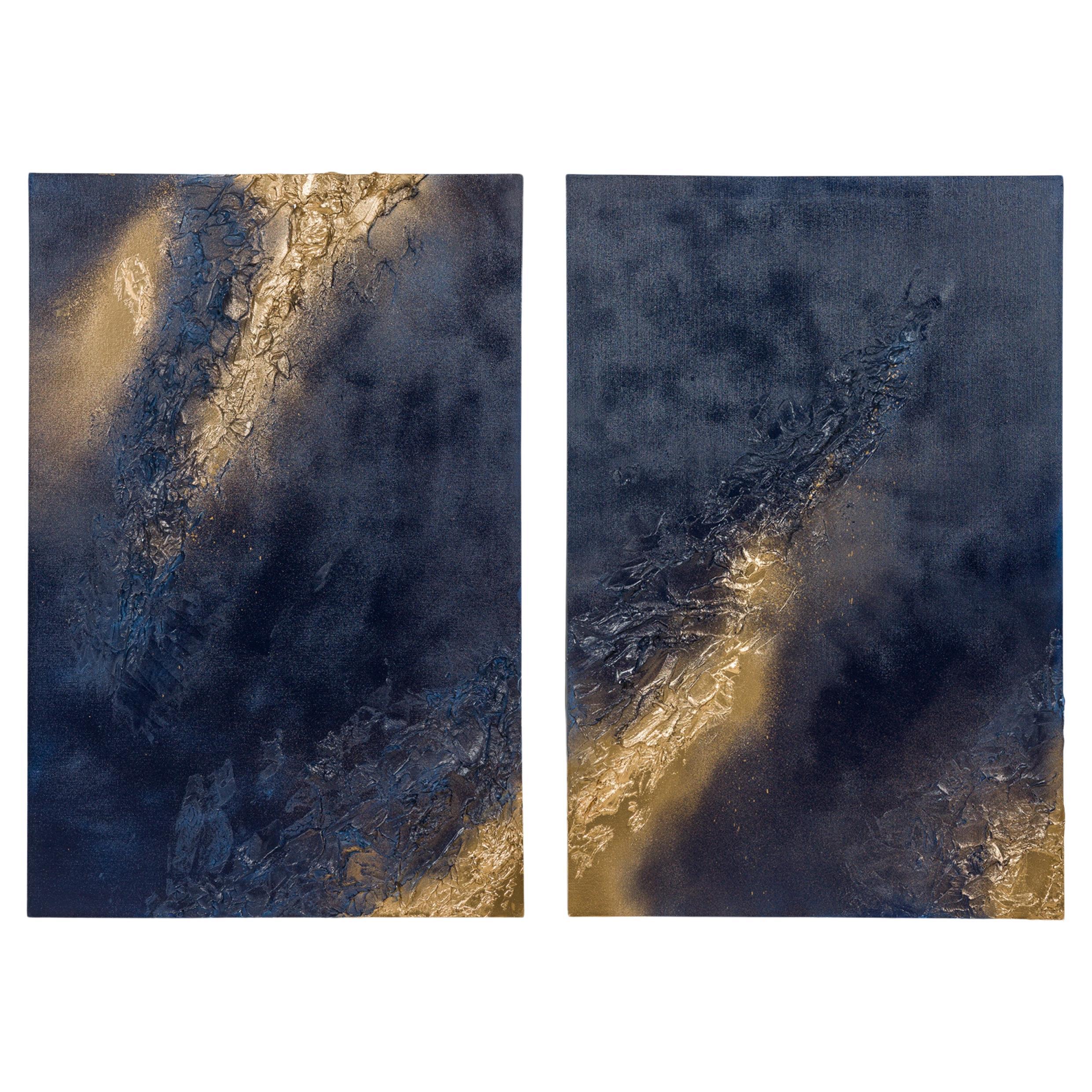 Diptyque de peintures abstraites en techniques mixtes, or et bleu, sur toile
