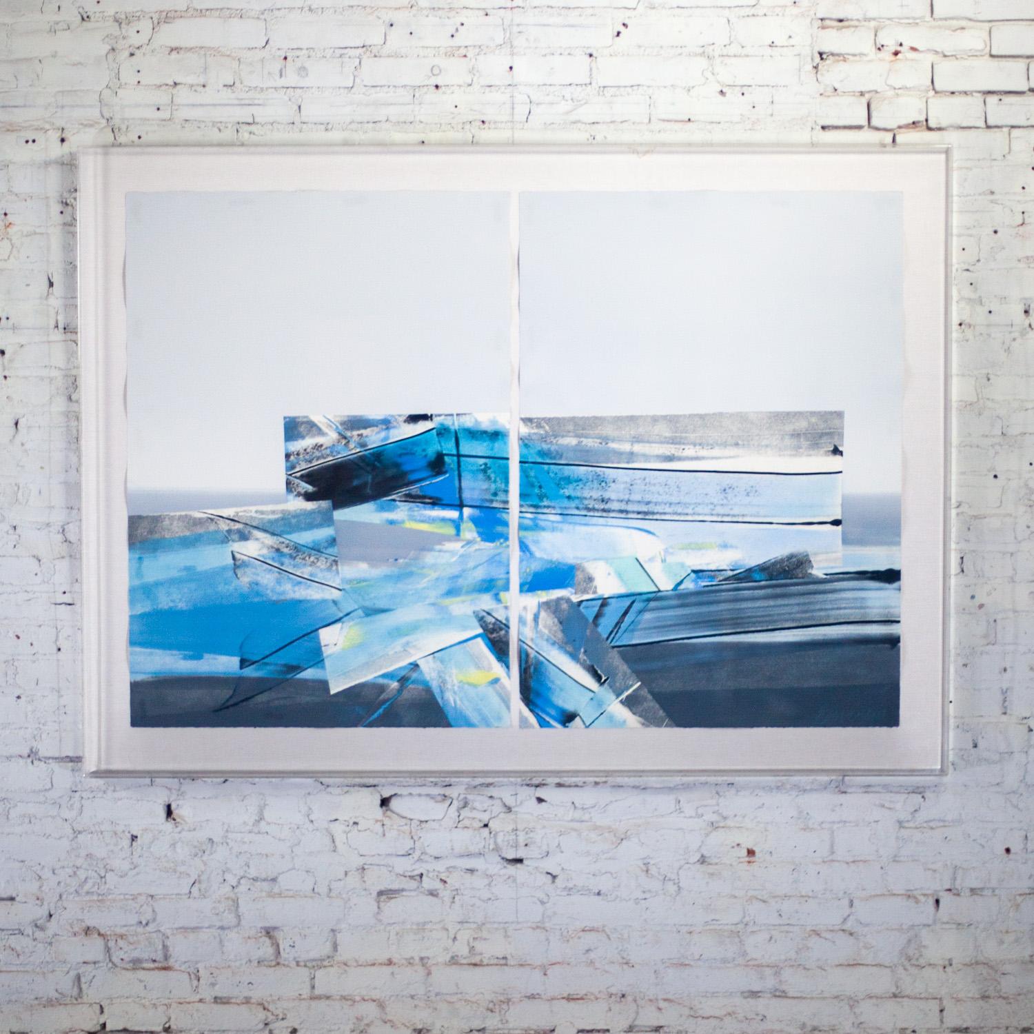 Marvelous Late 20th Century Contemporary Abstract Mixed Media large scale 2D diptych blue & white paper art by C. Robert Boreman marked 1/1 of II and signed, framed in plexiglass shadow box. Beautiful condition, keeping in mind that this is vintage