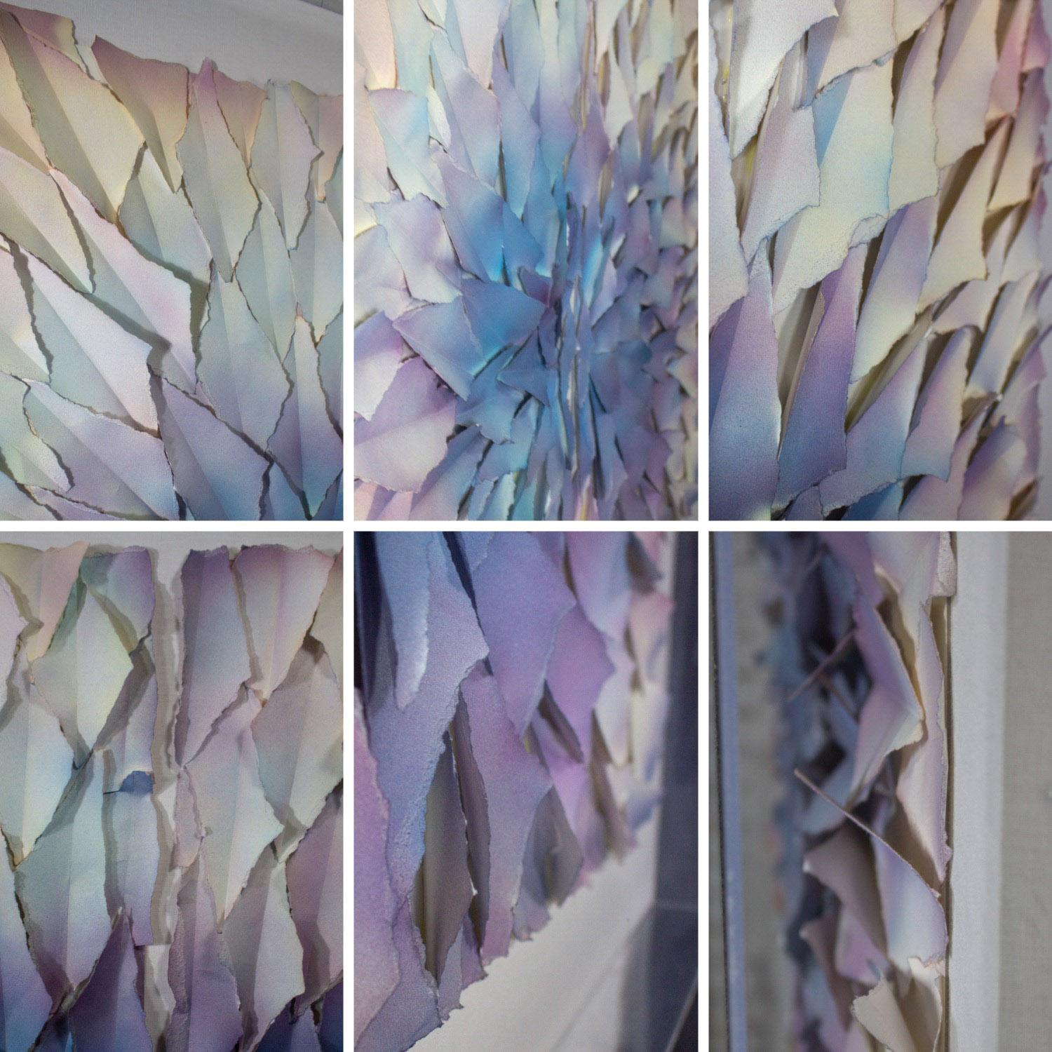 Abstrait Mixed Media Monumental 3D Diptyque Pétales de papier peints et déchirés Art mural en vente 3