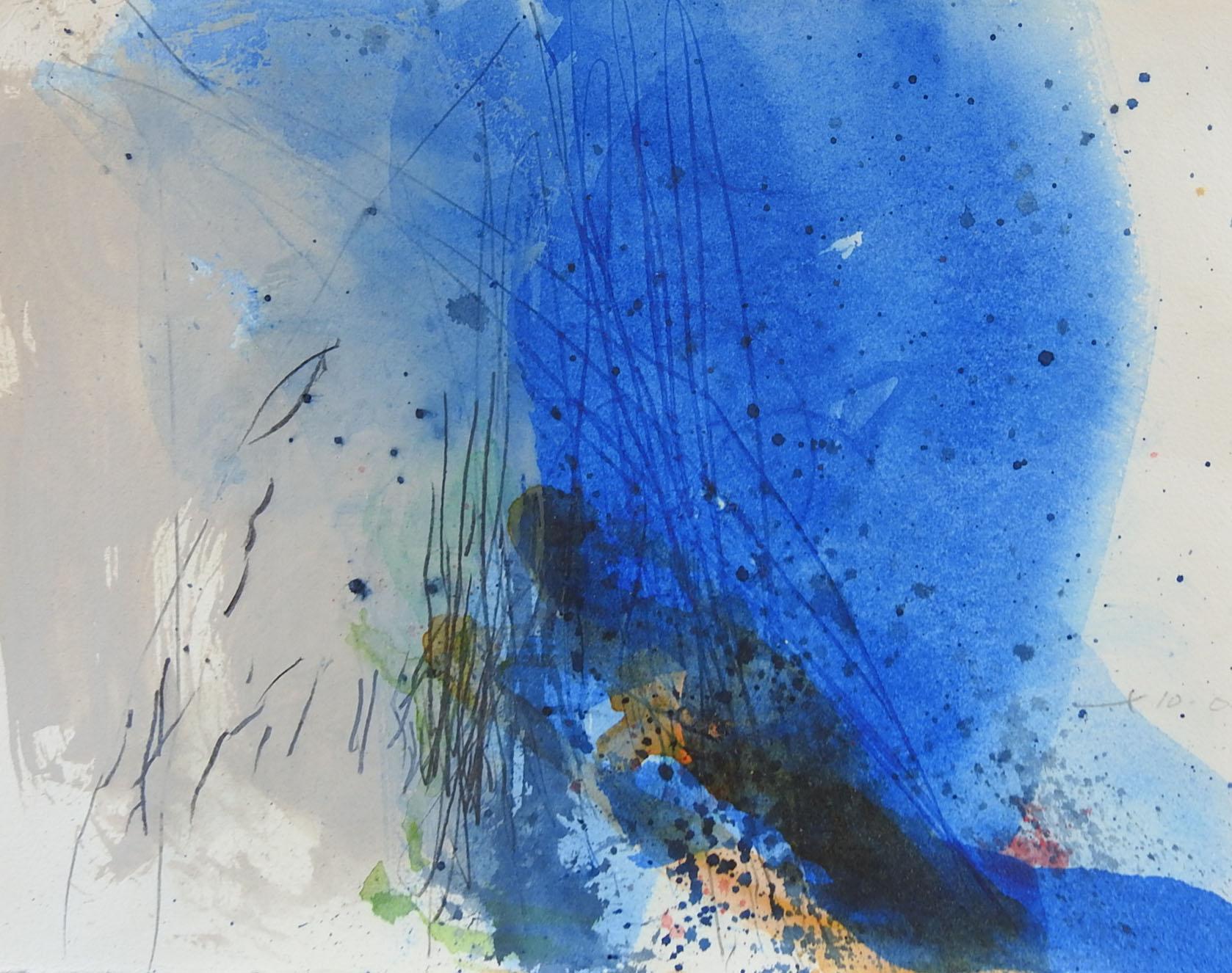 Modern Abstract Mixed Media Painting in Blue For Sale