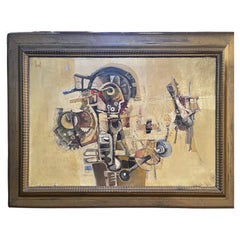 Vintage Abstract mixed media painting on canvas, A. Cheriet, 1975