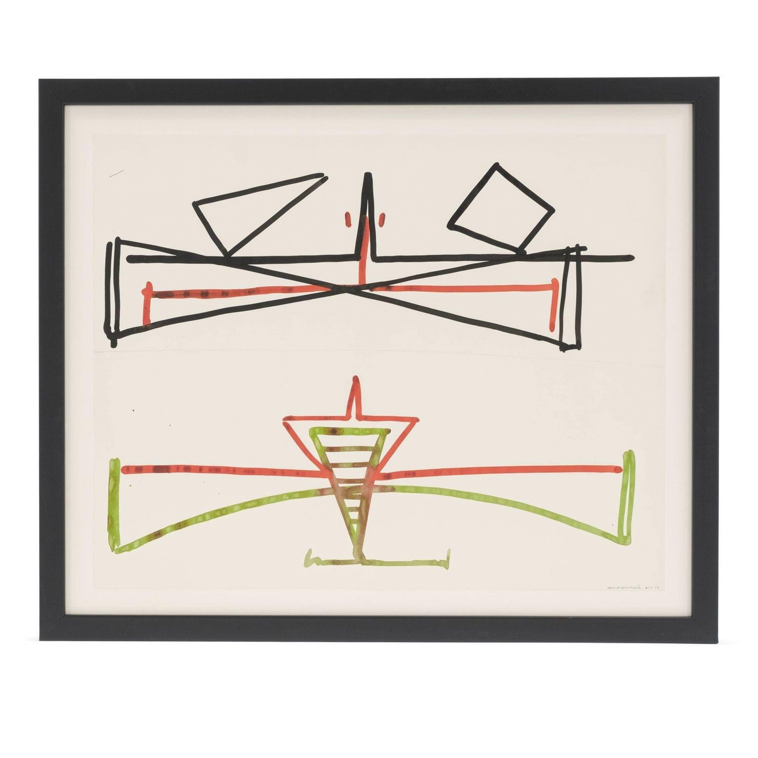 Abstract mixed medium-on-paper by Philip Renteria (1947-1998), 1973. Untitled gouache and ink on paper, both dated and hand-signed by artist. Newly-framed, float-mounted within black metal frame over a linen backing. Two paintings available. Sold
