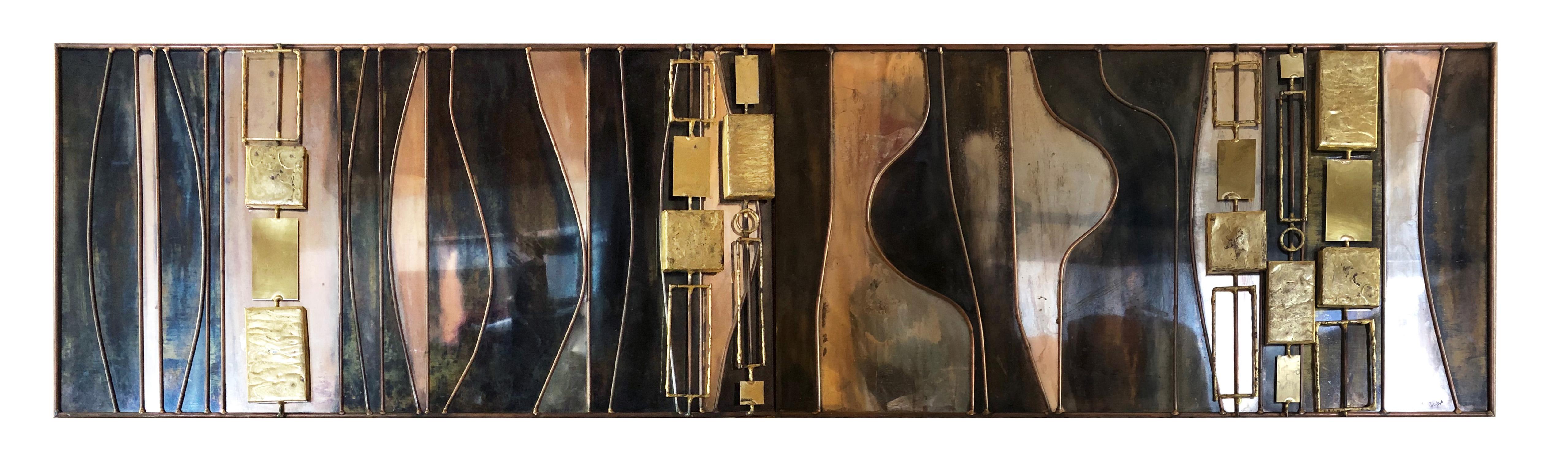 This beautiful Curtis Jeré abstract mixed-metal wall sculpture is made from copper, brass, steel and bronze, featuring cast 3D shapes over a flat multi-metal surface.  

Existing in 2 parts, it can be hung horizontally or vertically as one or two