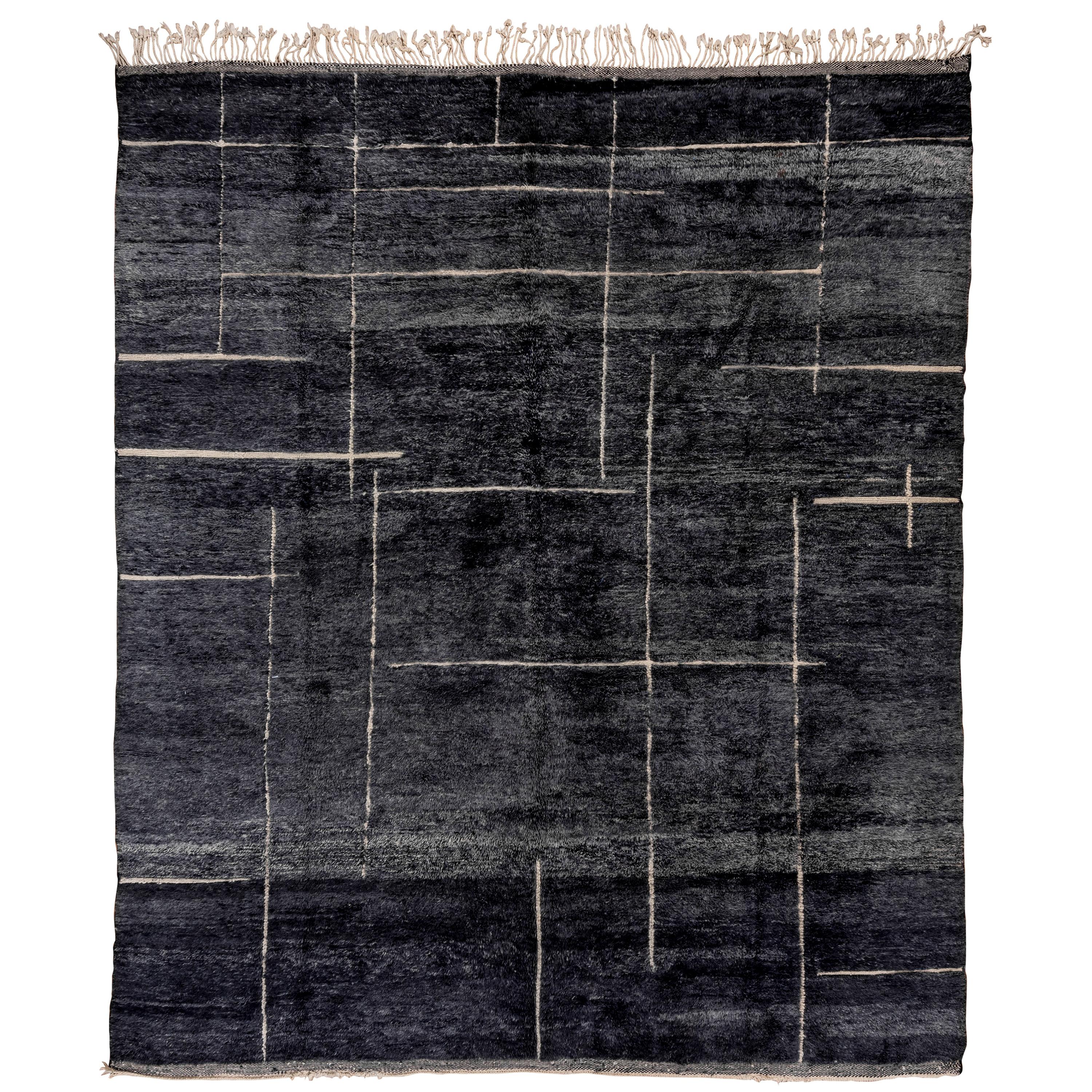 Abstract and Modern Black and White Hand Knotted Moroccan Rug