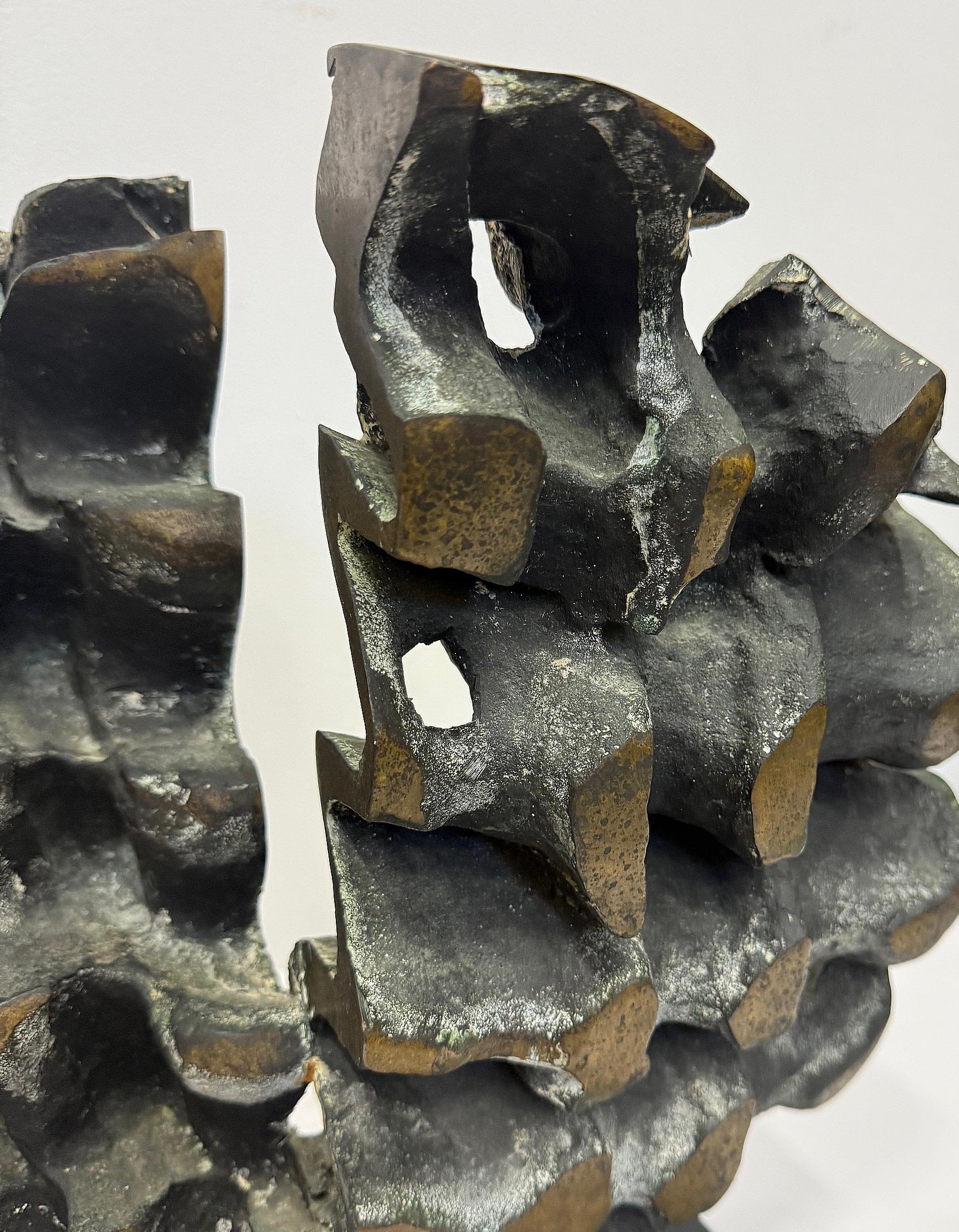 Abstract Modern Brutalist Bronze Sculpture, Verdigris, Signed In Good Condition For Sale In Miami, FL