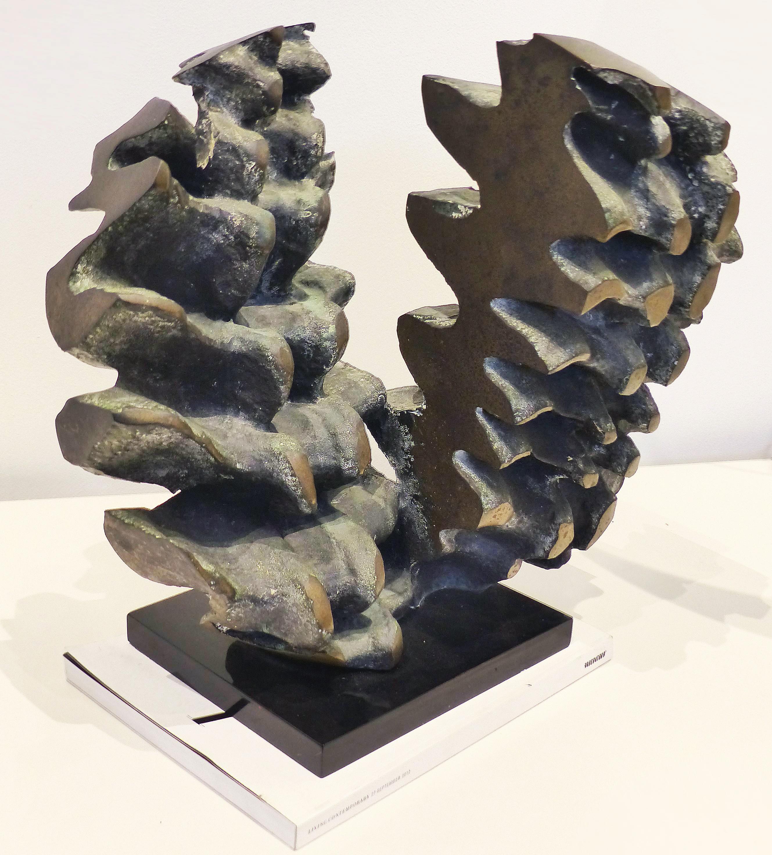 20th Century Abstract Modern Brutalist Bronze Sculpture, Verdigris, Signed For Sale