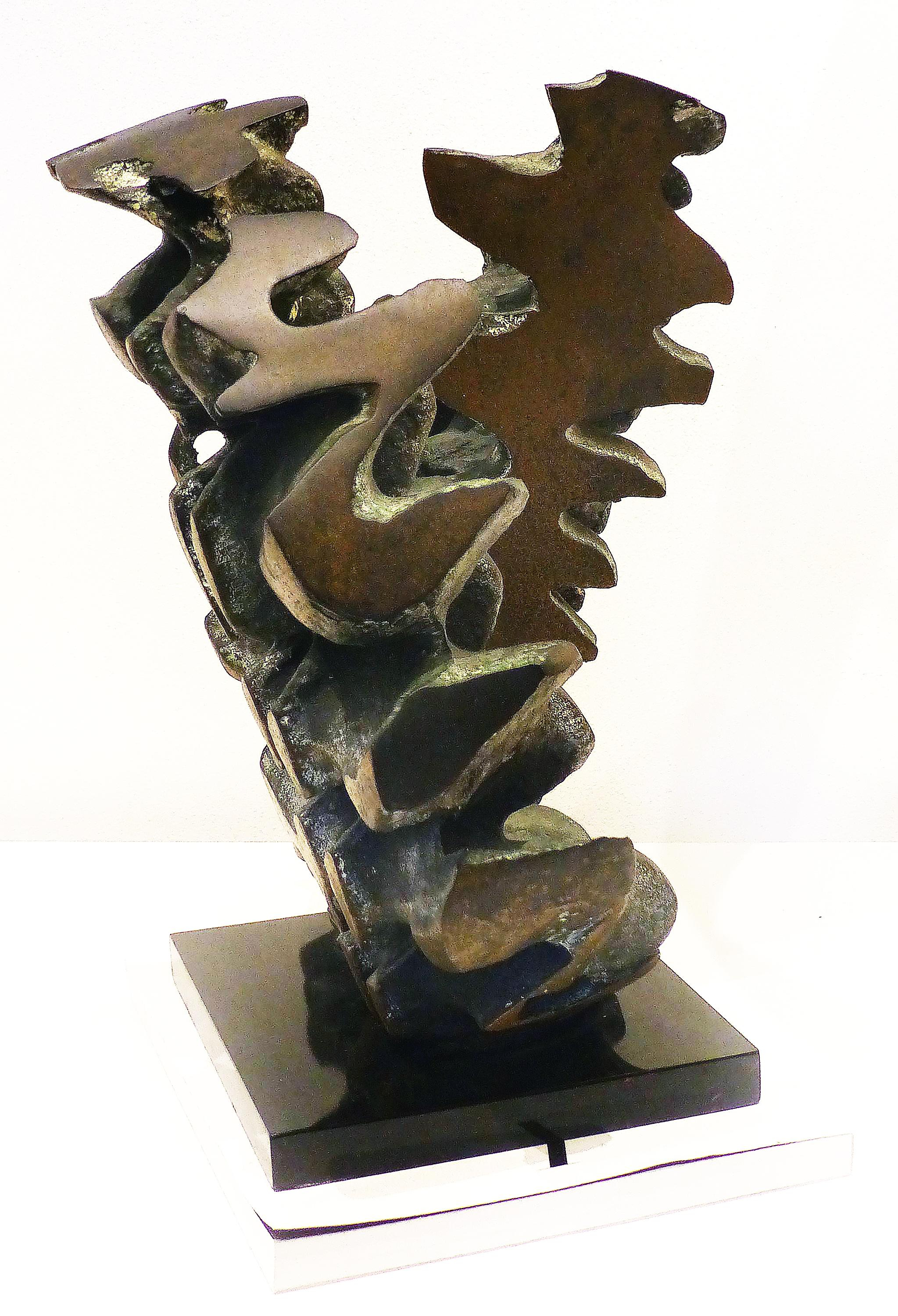 Abstract Modern Brutalist Bronze Sculpture, Verdigris, Signed For Sale 1