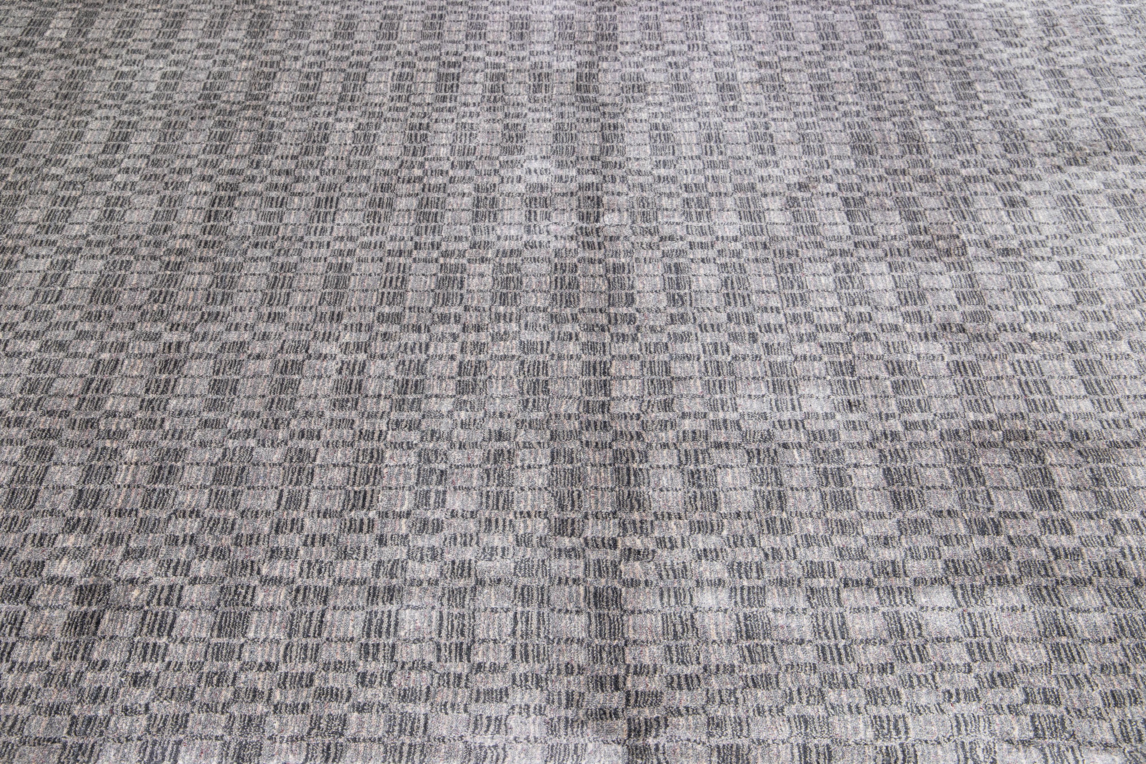 Contemporary Abstract Modern Handmade Gray Wool & Silk Rug For Sale
