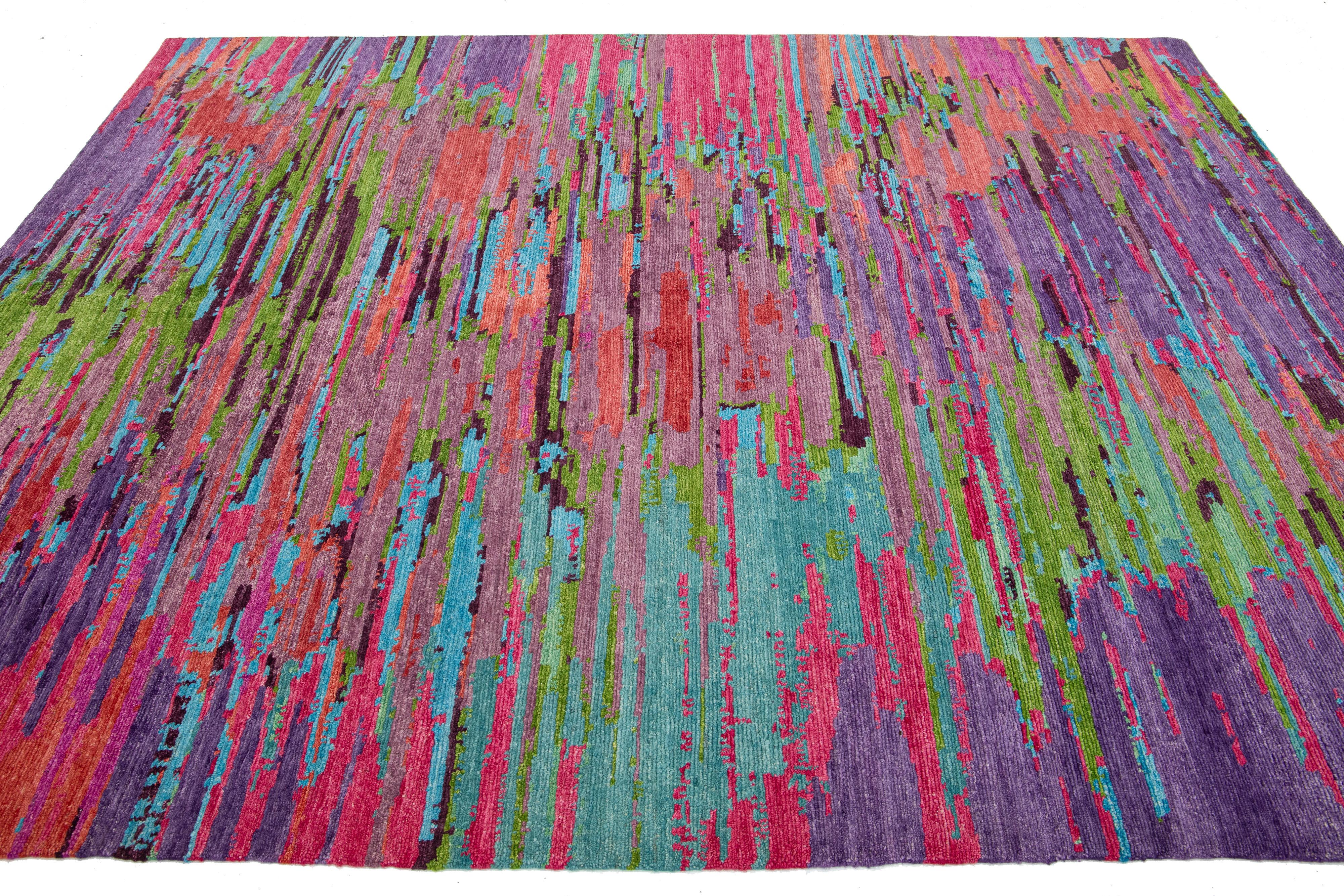 Hand-Knotted Abstract Modern Handmade Texture Wool Rug With Multicolor Field For Sale