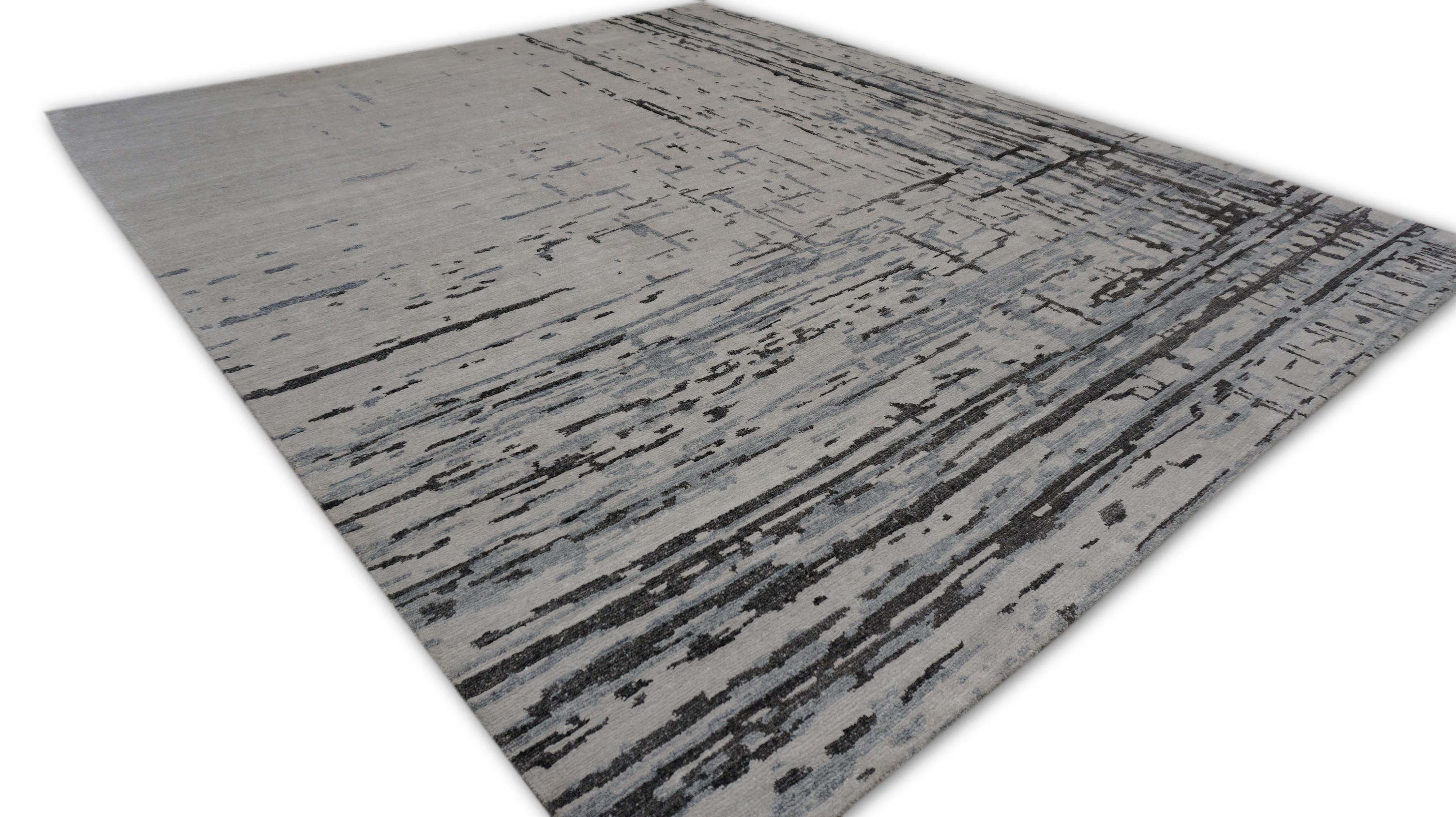 Alfombra moderna abstracta de seda de bambú azul marfil gris 8'2''x10' en venta 2