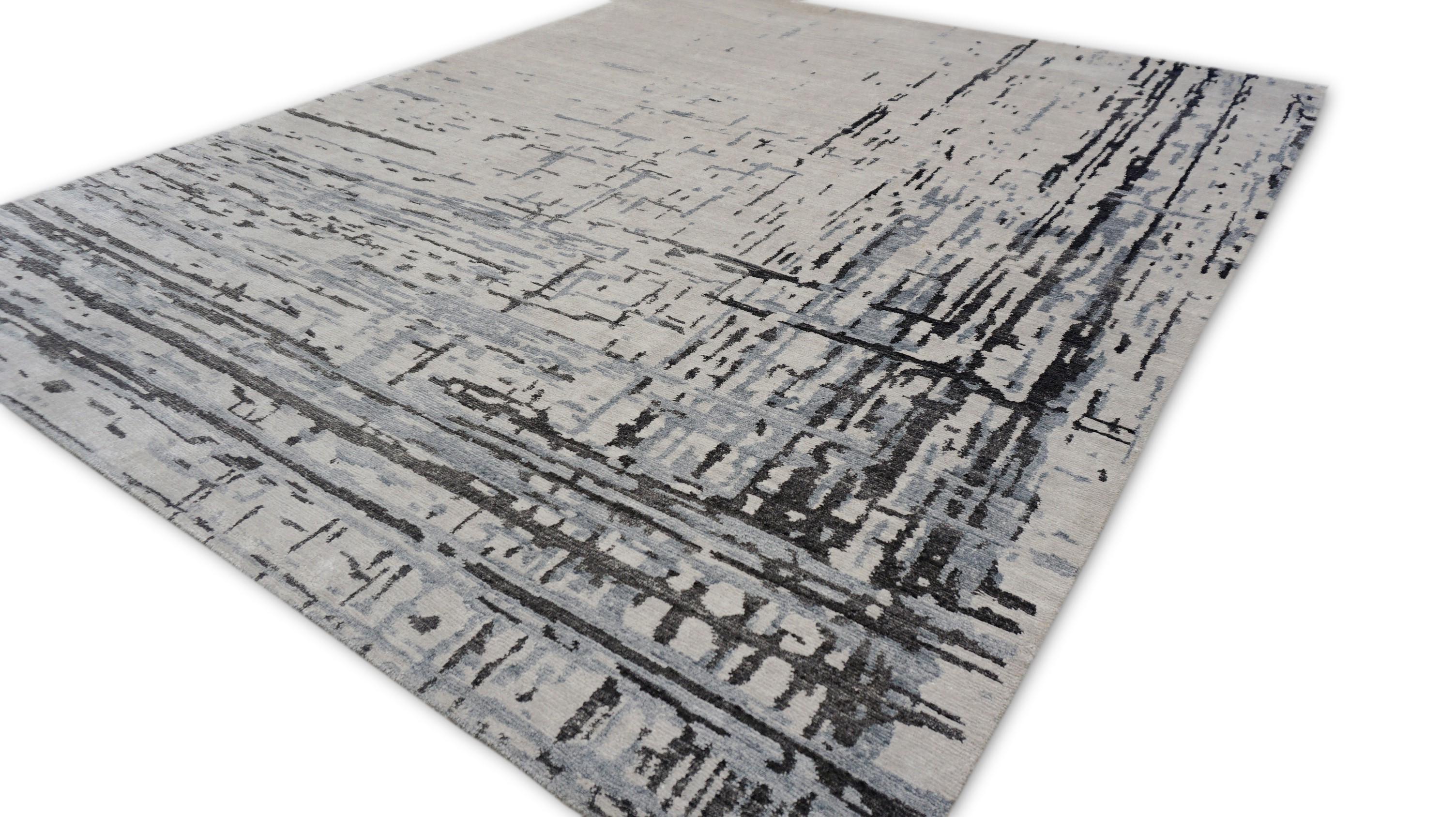Alfombra moderna abstracta de seda de bambú azul marfil gris 8'2''x10' Siglo XXI y contemporáneo en venta