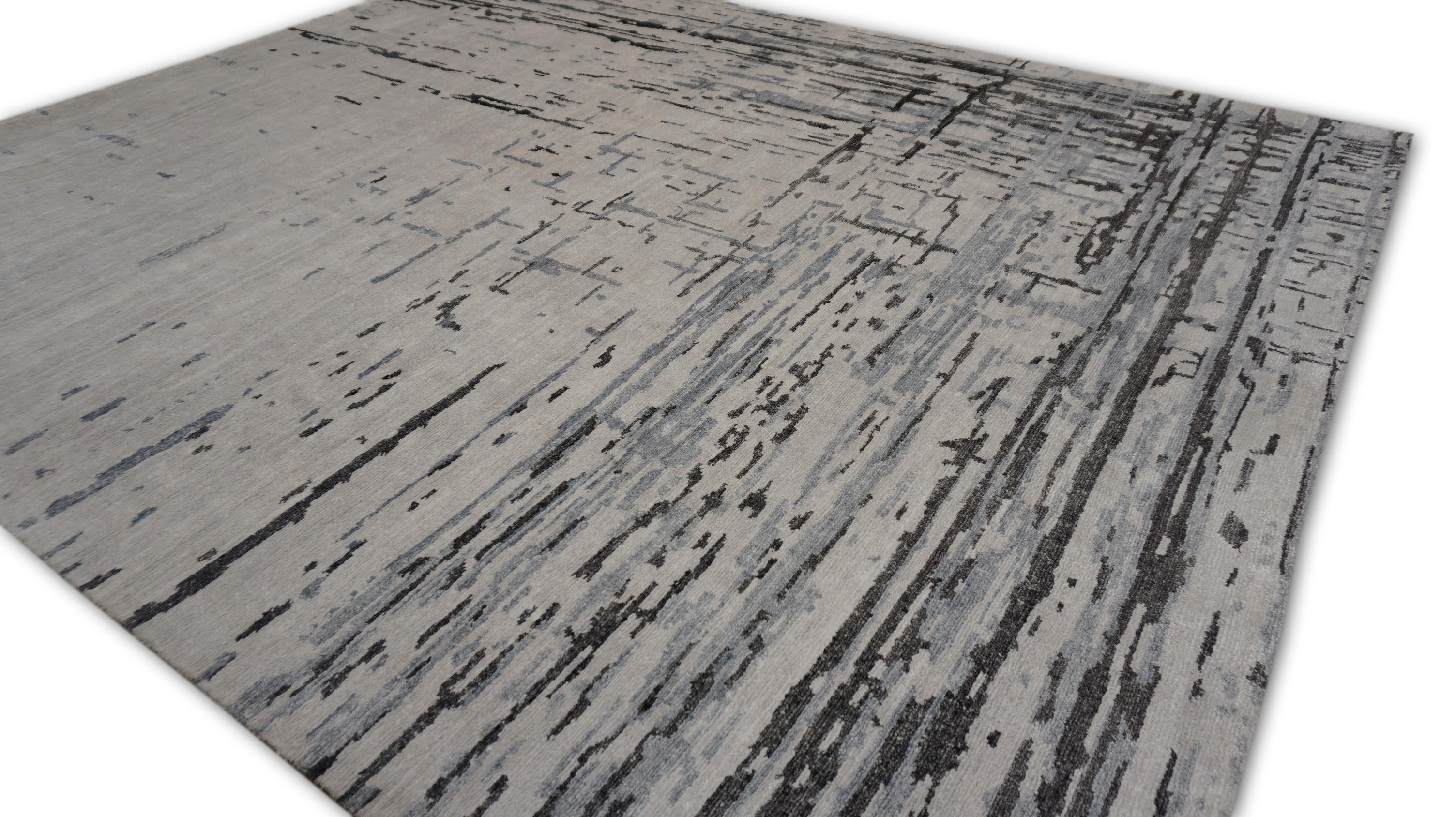Alfombra moderna abstracta de seda de bambú azul marfil gris 8'2''x10' Bambú en venta