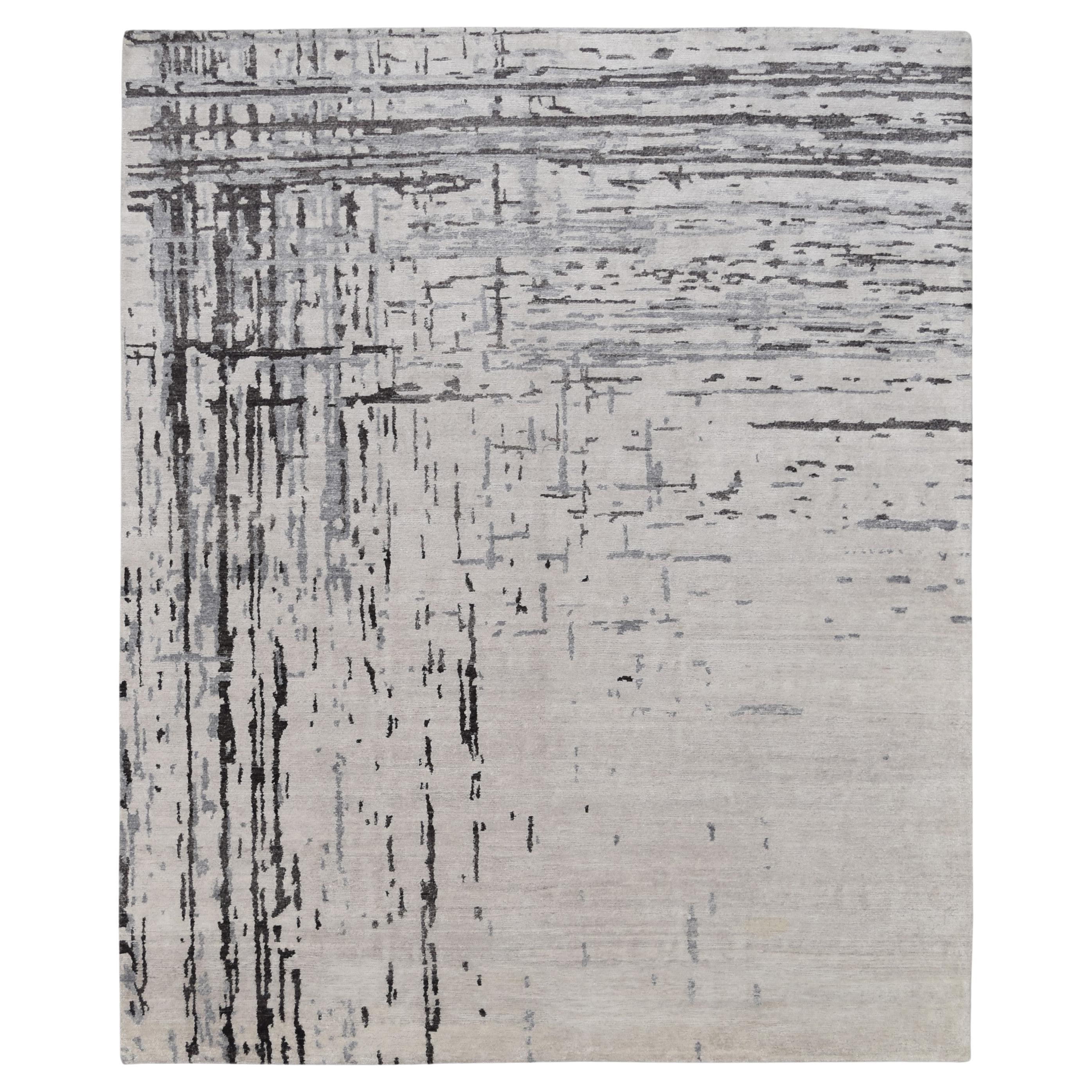 Abstract Modern Ivory Blue Grey Bamboo Silk Rug 8'2''x10'