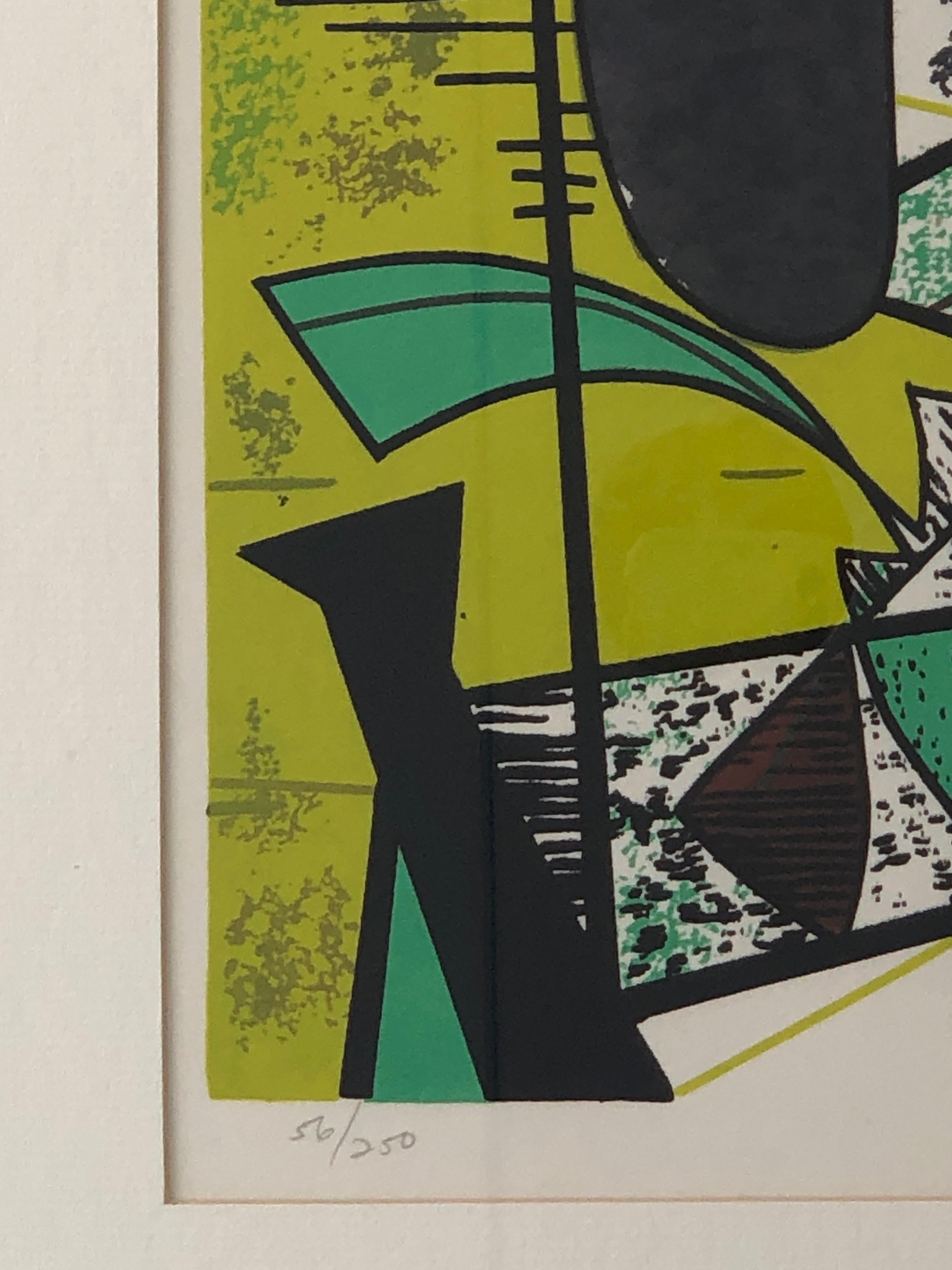 20th Century Abstract Modern Leo Russell Graphic Print in Shades of Green, White, Black, Gray For Sale