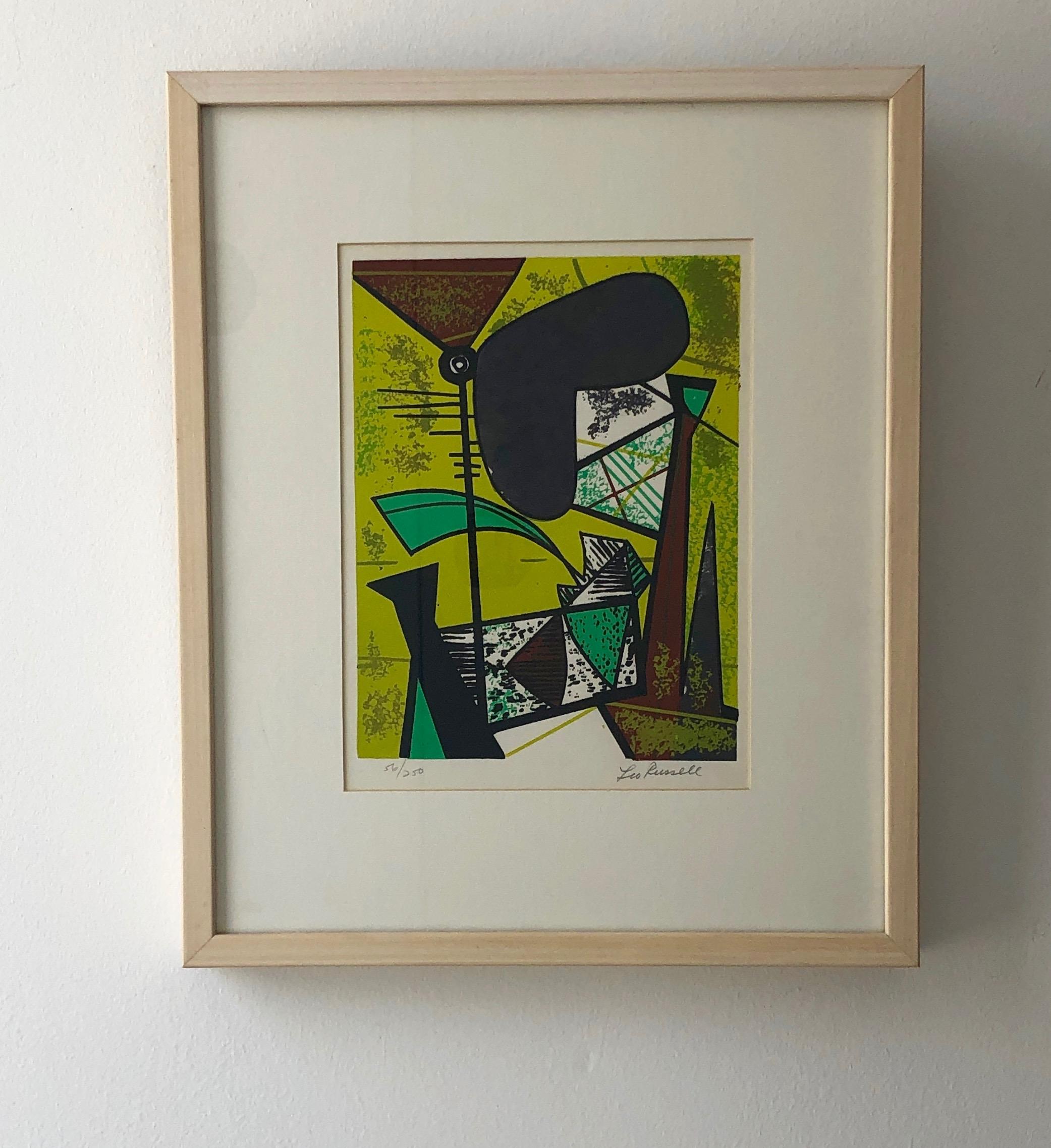 Offered is a pencil signed and numbered 55/250 Leo Russell Modernist abstract graphic print in bright Chartreuse green, mint green, white, gray black and brick red. The piece is framed in blond wood and in under Plexiglass. Even though this piece is