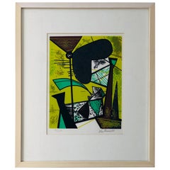 Abstract Modern Leo Russell Graphic Print in Shades of Green, White, Black, Gray