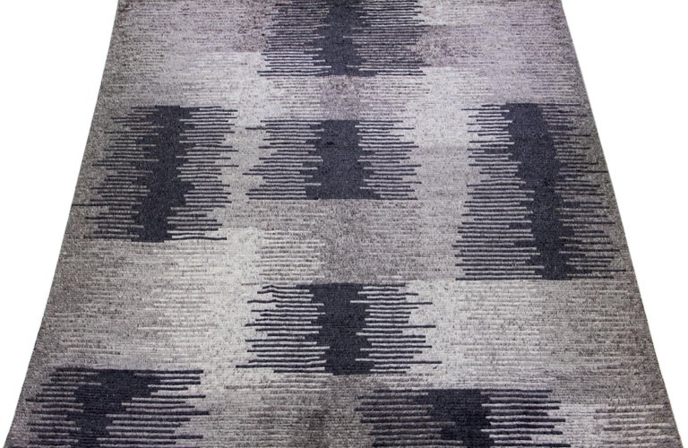 Abstract Modern Moroccan Style Oversize Wool Rug with Gray Color Field