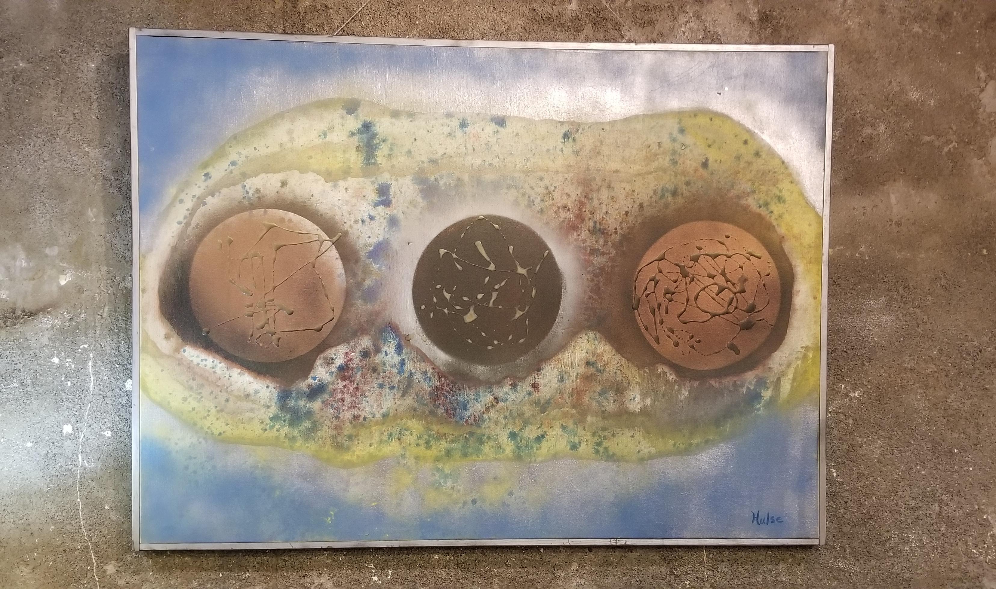 Mid-Century Modern acrylic on canvas abstract painting. Three textured spheres with outer space, planet like appearance. Retains original silver painted wood frame, signed lower right 
