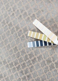 Abstract Modern Quatrefoil Grid Gray Silk Rug "Astral" by Doris Leslie Blau