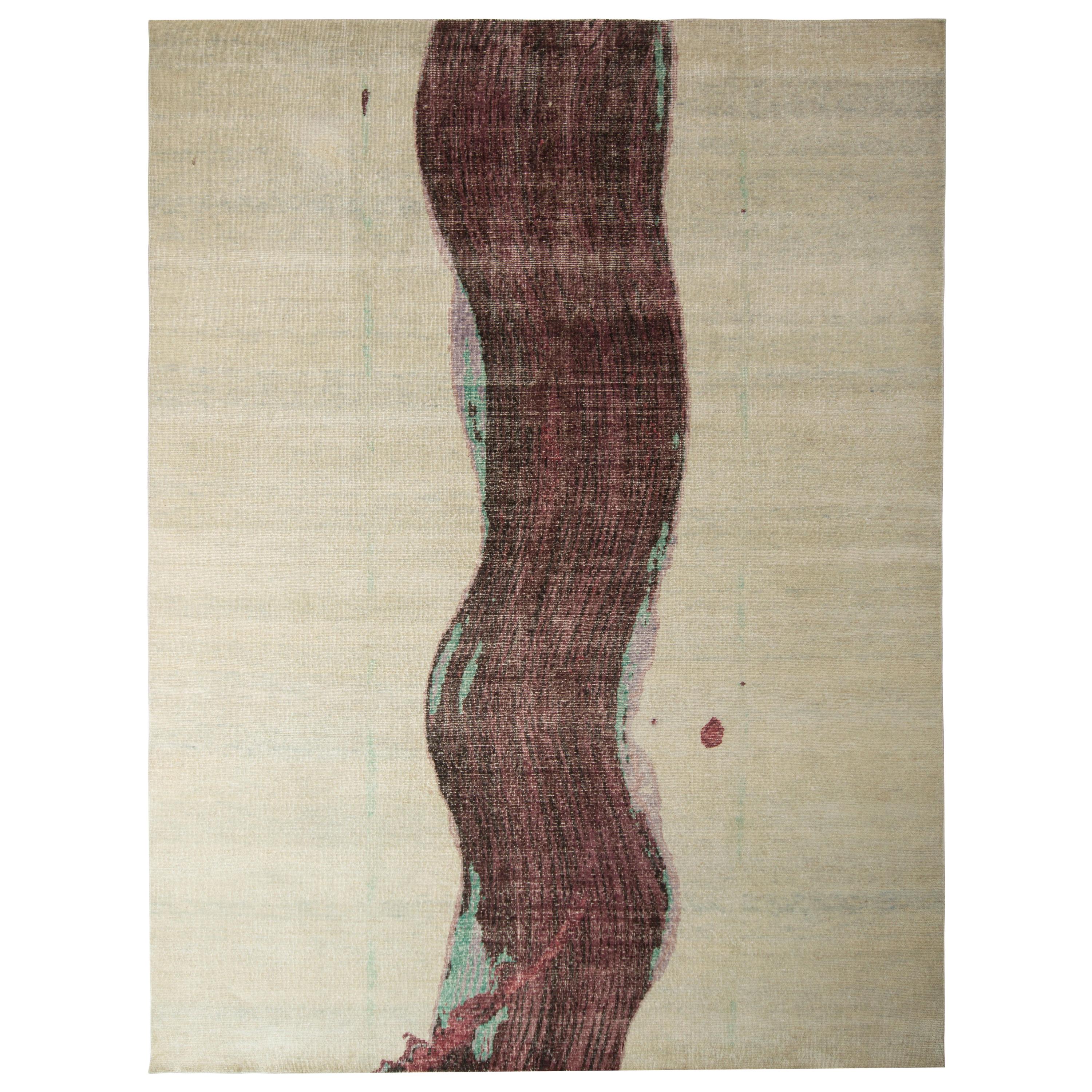 Rug & Kilim's Abstract Modern Rug Beige Purple Custom Stripe Pattern