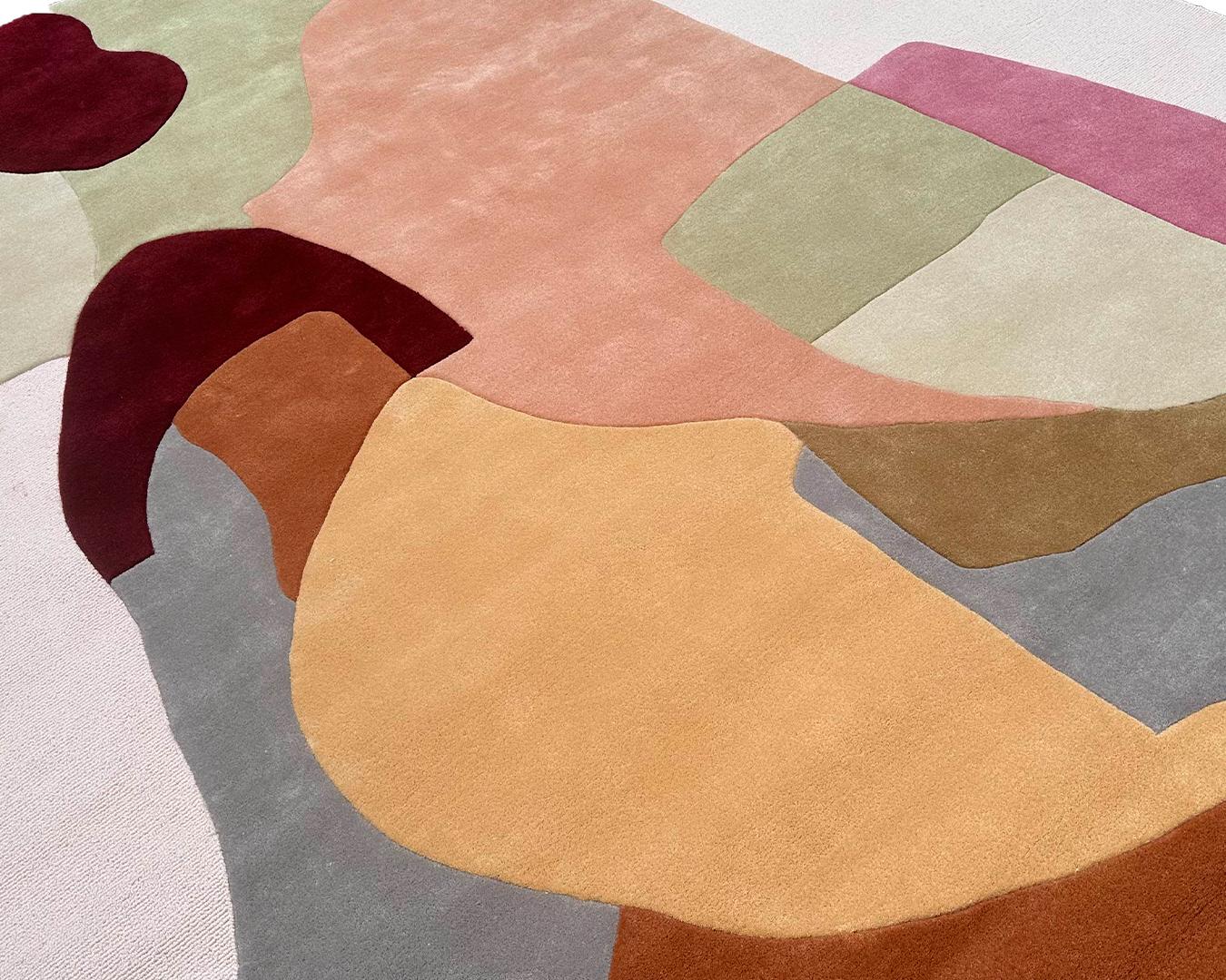 Inspired by children's doodles and their first ventures into drawing and coloring, this rug transforms those playful sketches into a large, tactile canvas. A delightful color palette terra cotta, muted salmon pink, sage green, carnation pink, cool