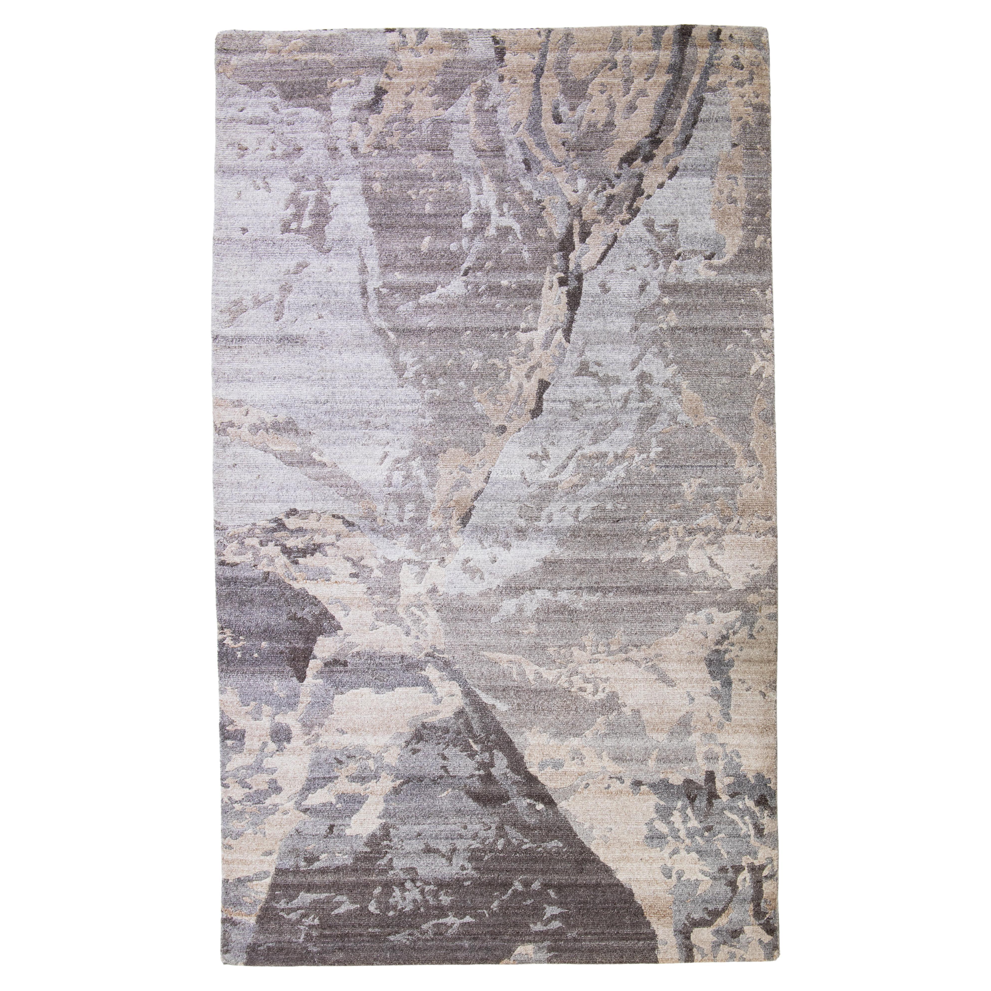 Alfombra moderna abstracta de lana tibetana en gris y beige