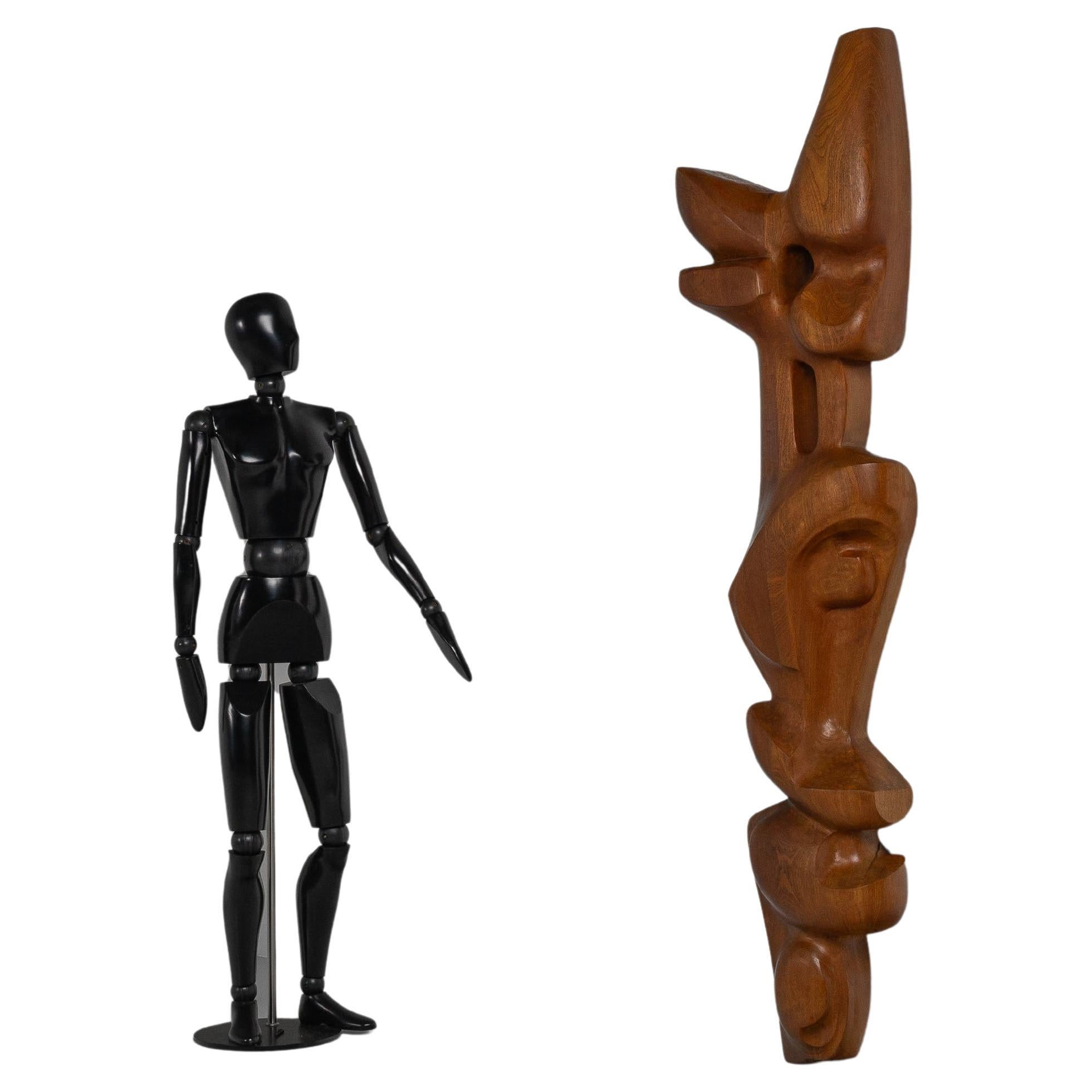 Tótem moderno abstracto escultura de pared en madera de teca Países Bajos 1960